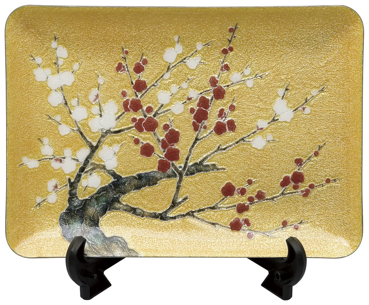 七宝　紅白梅プレート Amazon.co.jp: 彩光舎 置物 - 15×21cm 彩光舎 七宝焼き 飾皿 57紅白梅
