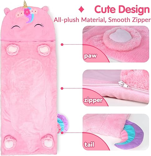 Miniatura 7 de iPlay, iLearn Saco de dormir para niños, tapete para siesta para niña, unicornio de felpa, 2 en 1, almohada rosa para guardería, preescolar, jardín
