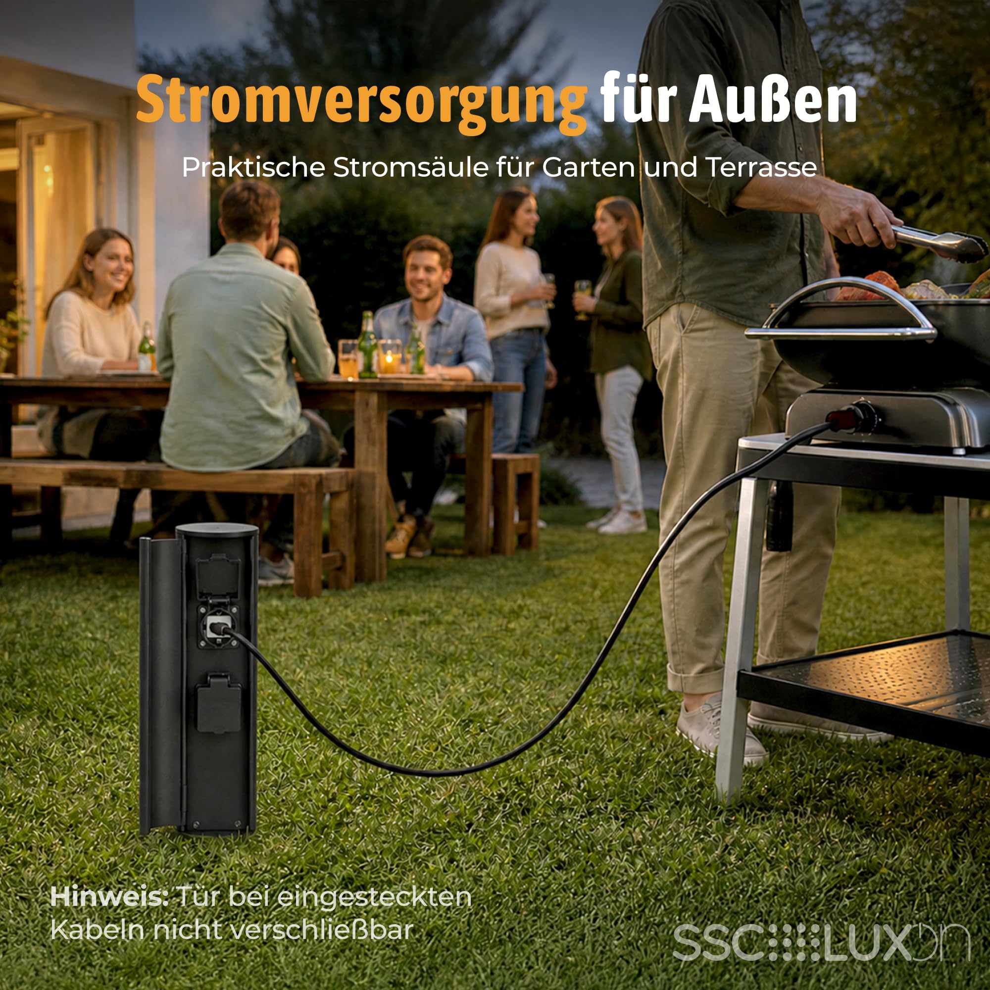 SSC-LUXon PALISO Design - Colonna di prese con 2 prese per giardino ed esterno, colonna di alimentazione con porta, colore: nero, IP44, altezza 39,5 cm