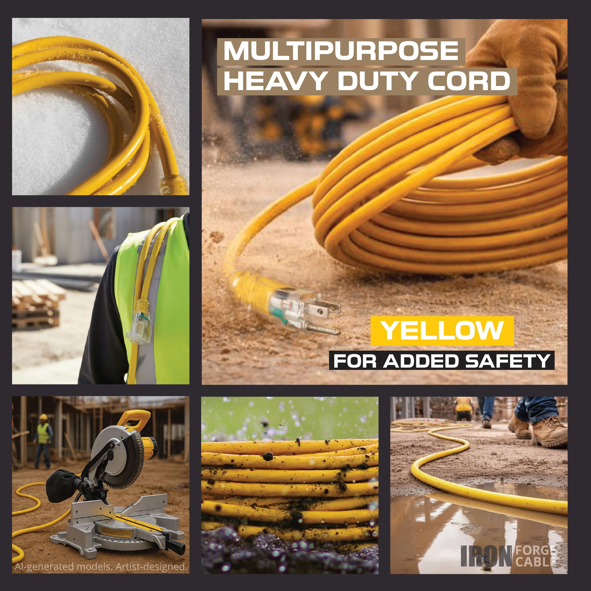 IRON FORGE Cable de extensión para exteriores de 15 pies, cable de extensión amarillo de 12/3 SJTW resistente con enchufe de 3 puntas para seguridad, 15 amperios, ideal para jardín y electrodomésticos