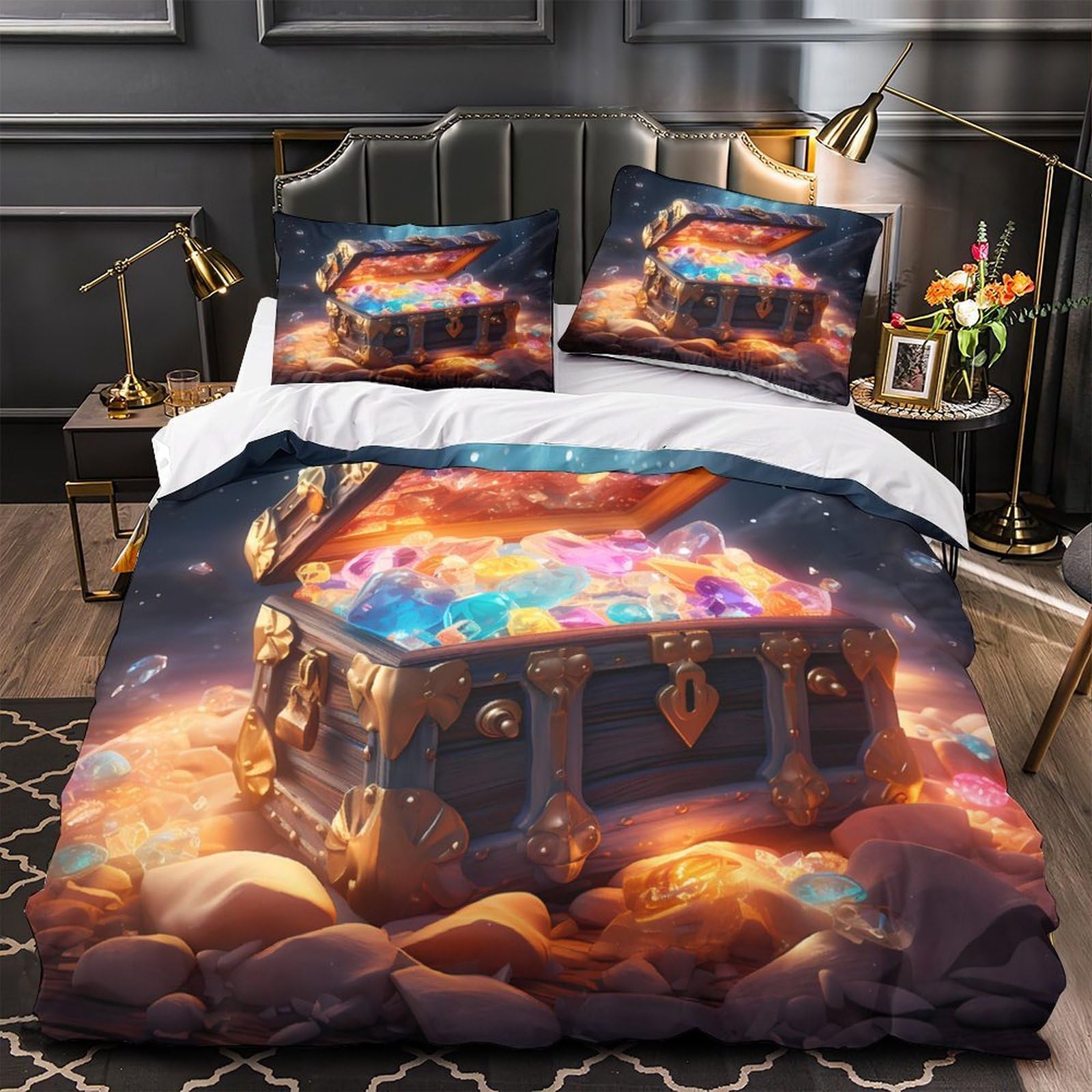 Yvaspqrtw Xzbtn8m4keut Treasure Chest 3D Print Quilt Cover 3Pc Premium Microfibre Stain-Resistant Fantasy Adventure Scene Duvet Cover 2 Pillowcases Zip Closure Bed Ensemble Couple Bedroom Double（200X200cm）