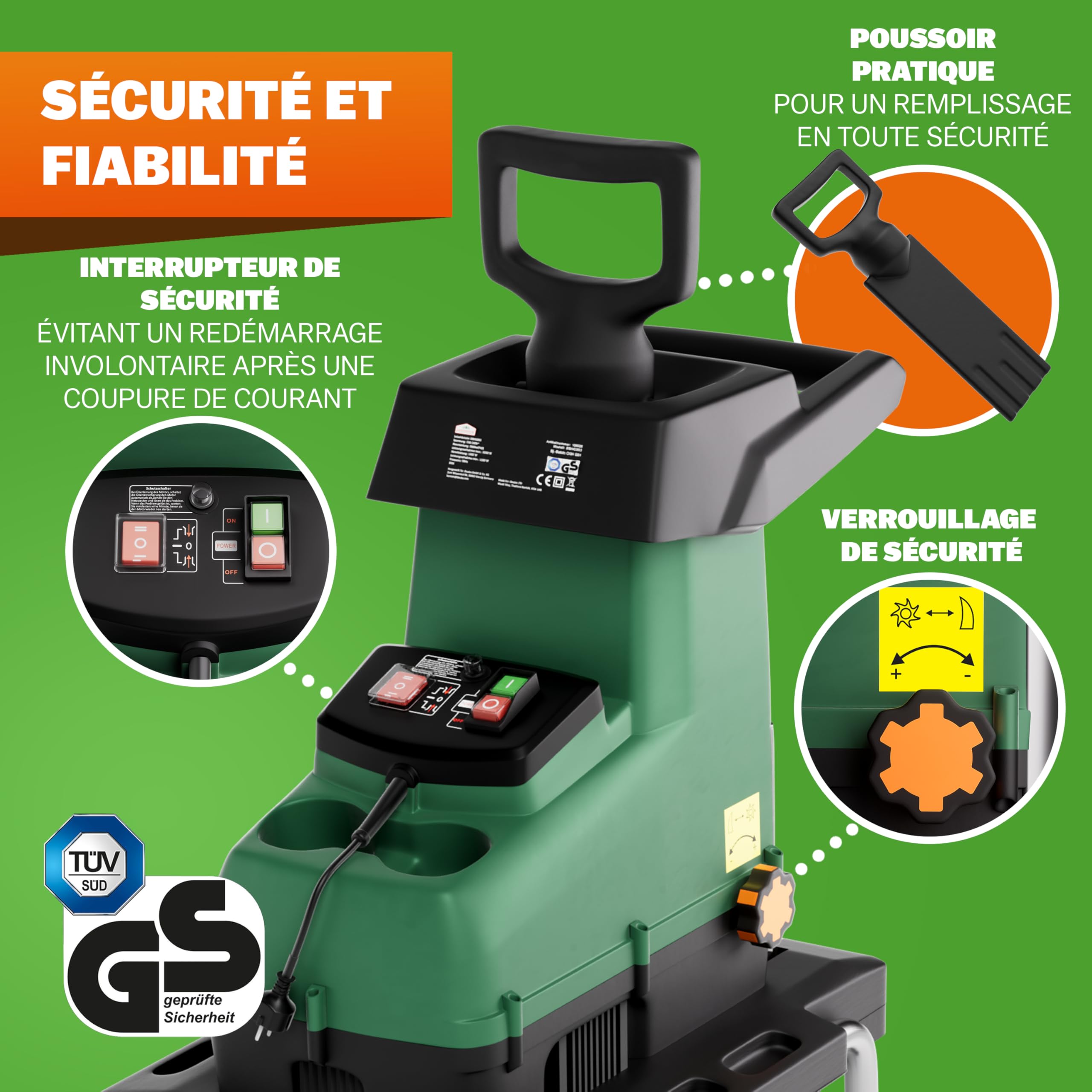 GARDEBRUK® Broyeur de végétaux électrique 3.100W Max. 45mm Sac 60L broyeur à Rotor broyeur végétaux Silencieux à Rouleau broyeur de Jardin déchets Verts
