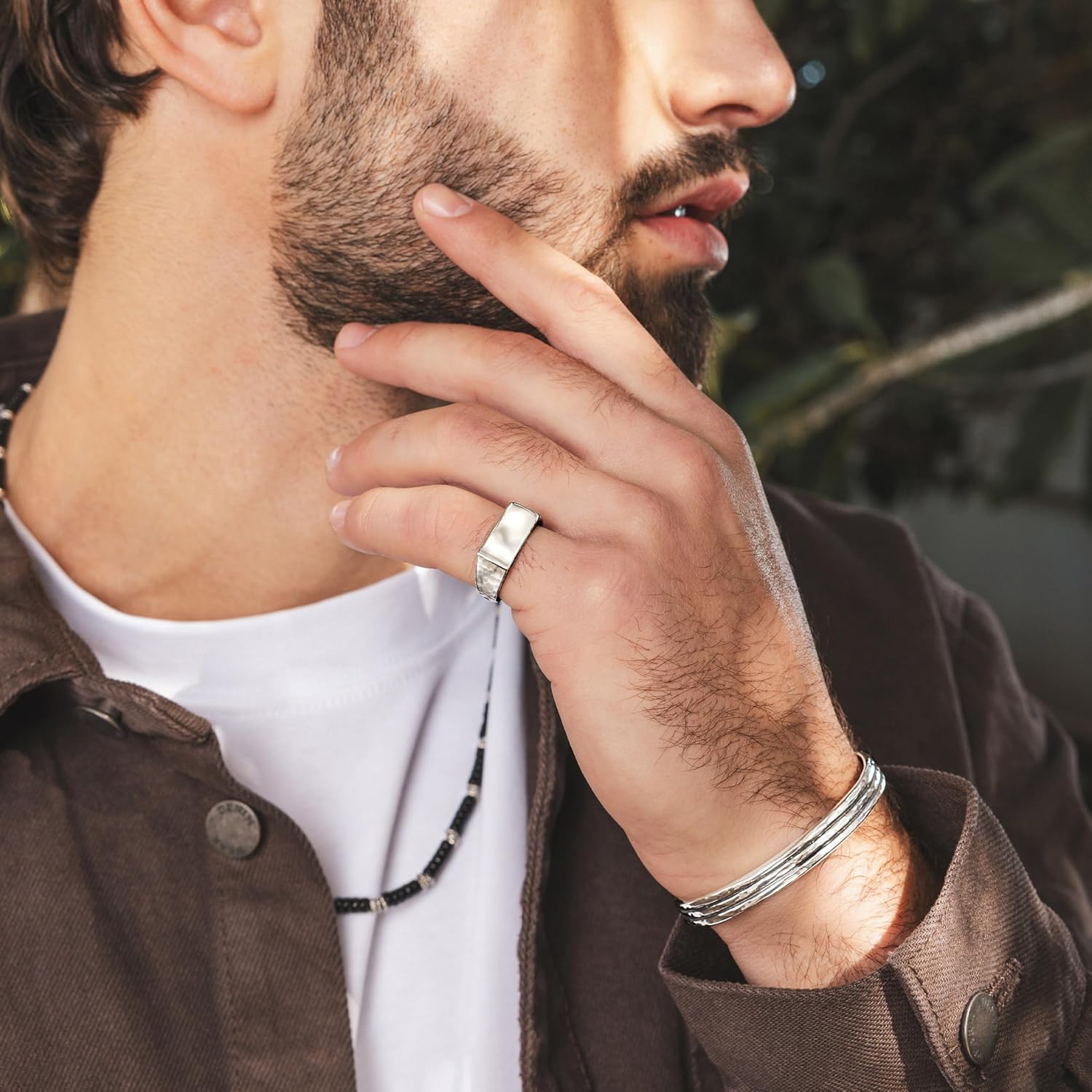 JEAN RACHEL JEWELRY Men’s Solid 925 Sterling Silver Rectangular Signet Ring - Hammered Band Ring - Oxidized Rustic Finish