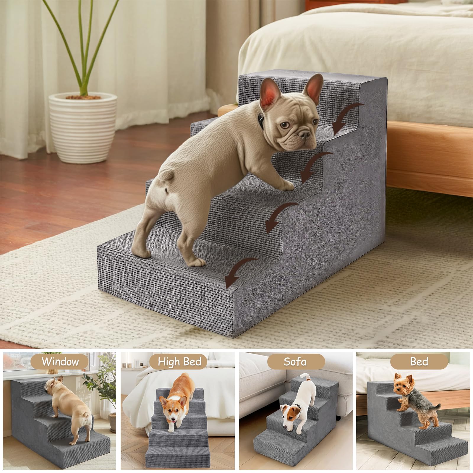 Escalier pour Chien et Chat D86 x W42 x H57 cm Housse Lavable Mousse Antidérapant Haute densité Gris 5 marches