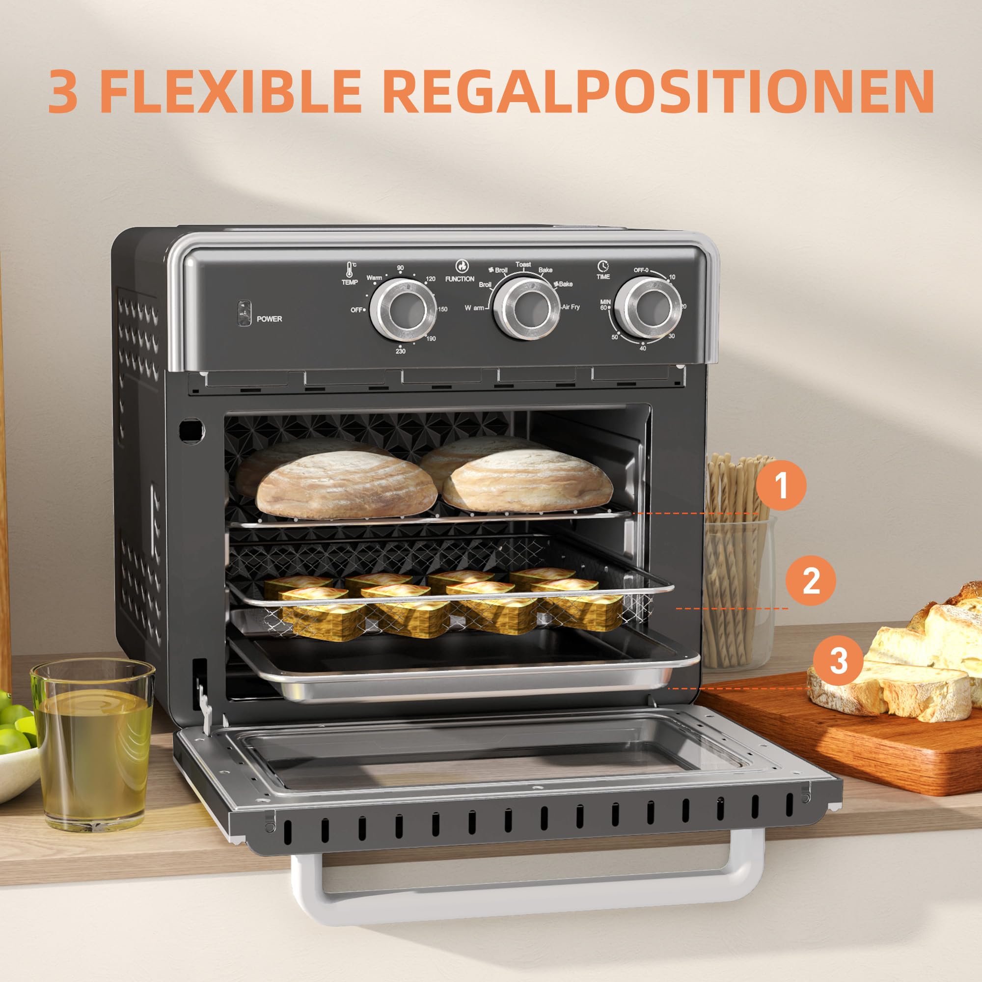 HOMCOM Mini-four à chaleur tournante 20L Mini four avec plaque de cuisson, grille et ramasse-miettes, 90 °C-230 °C Friteuse à air chaud avec 5 modes, panier à friture, minuterie 60 min, 1400W, métal
