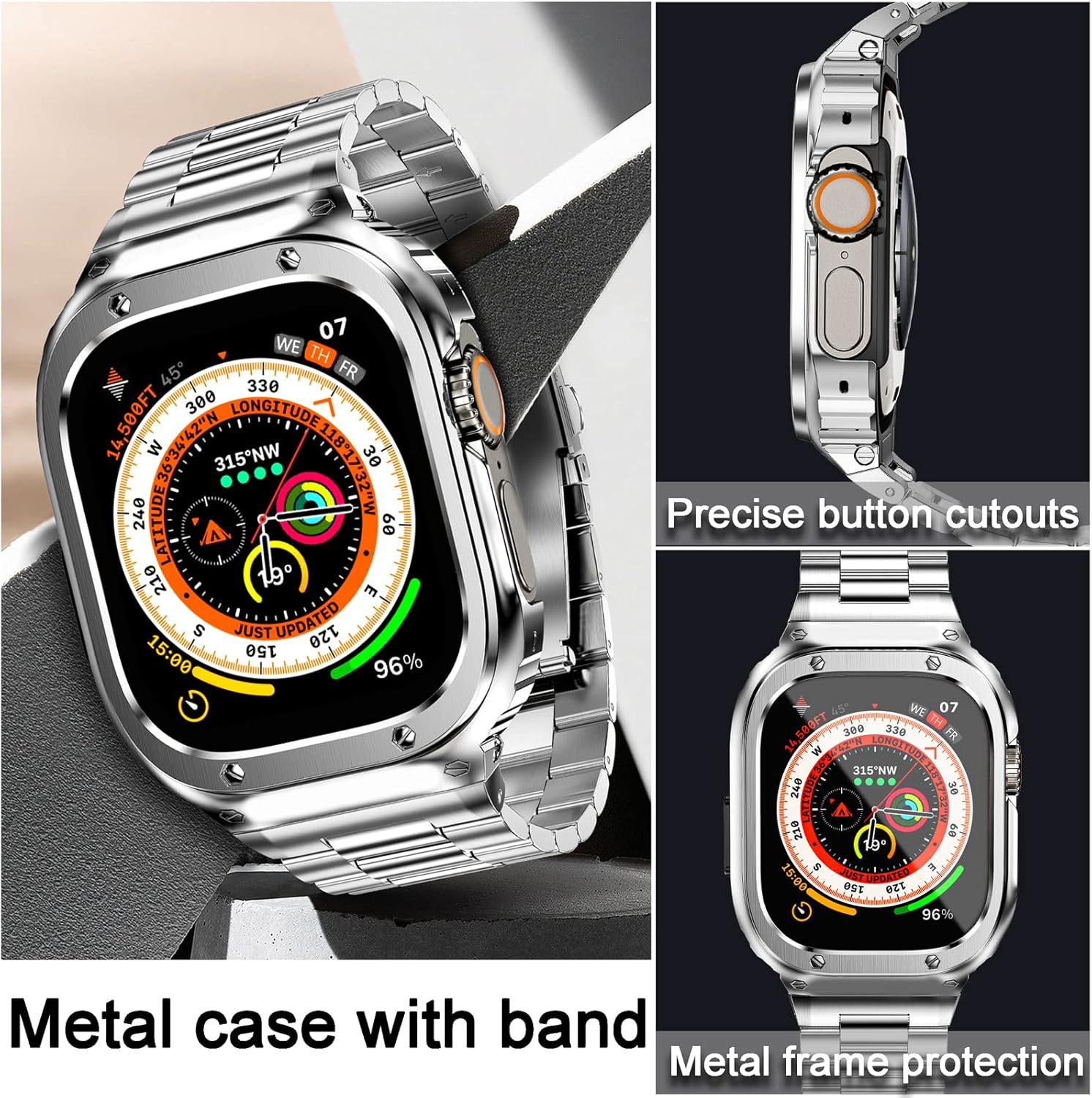 MioHHR Stainless Steel Band and Case Compatible with Apple Watch Band 49mm, Men Metal Protective Bumper Cover for iWatch Series Ultra 3/2/1, Silver - Image 2