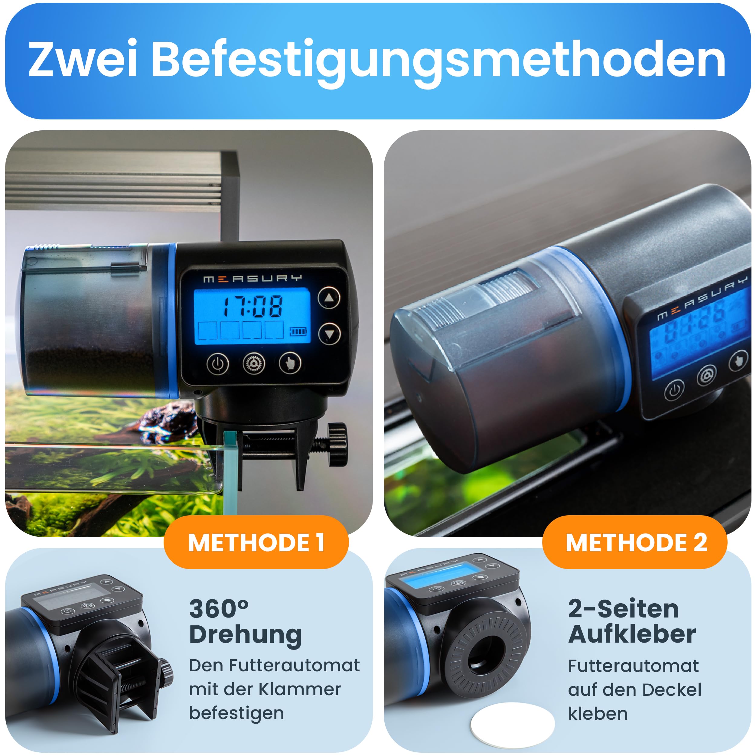 Measury Futterautomat Aquarium, Automatische Fischfütterung bis zu 4 Mal am Tag - Futterspender Fische, Fischfutterautomat