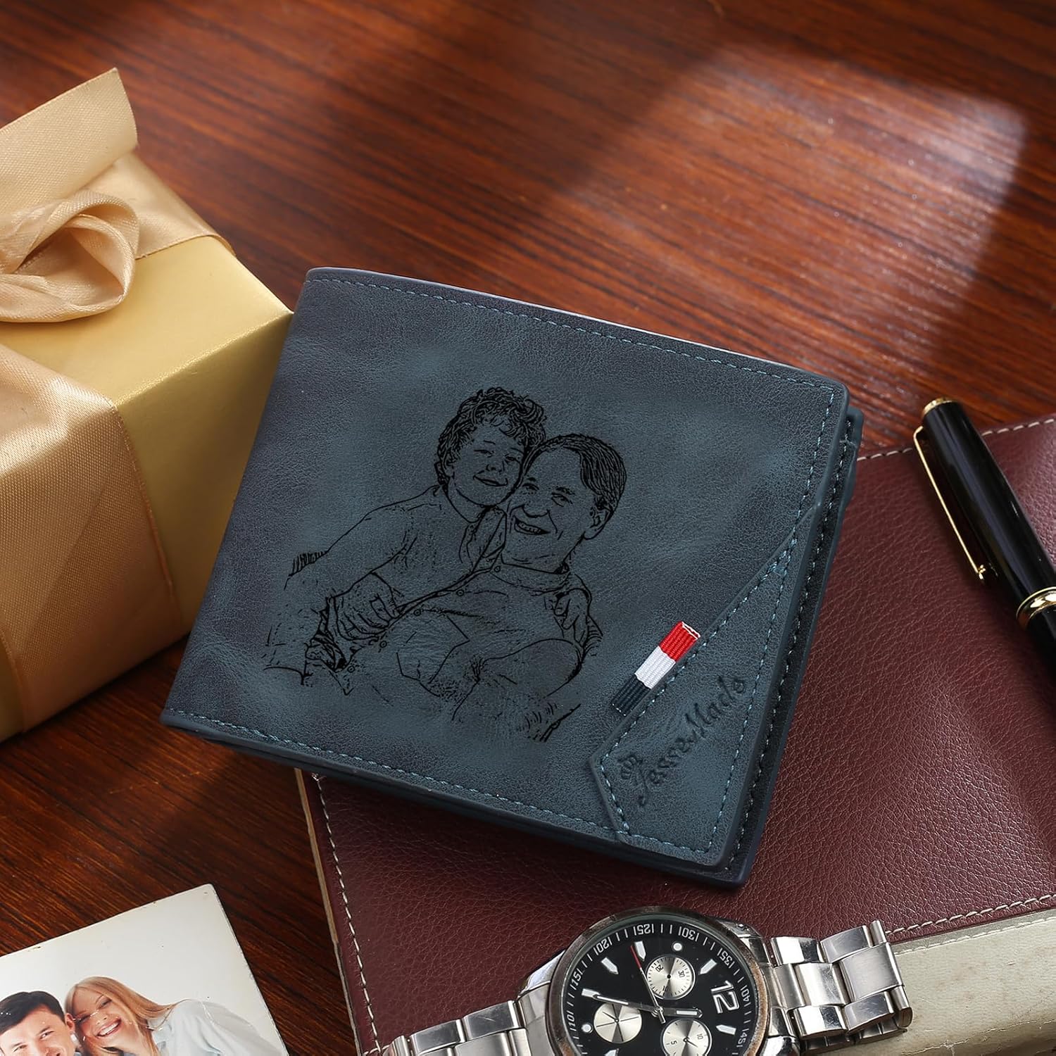 Custom Photo Leather Wallet for Dad - Personalized Wallet with Names for Men Fathers Day Birthday Gifts Slim Bifold Wallet for Father with ID Window Fist Wallet for Him Husband (color 1, 6 names)