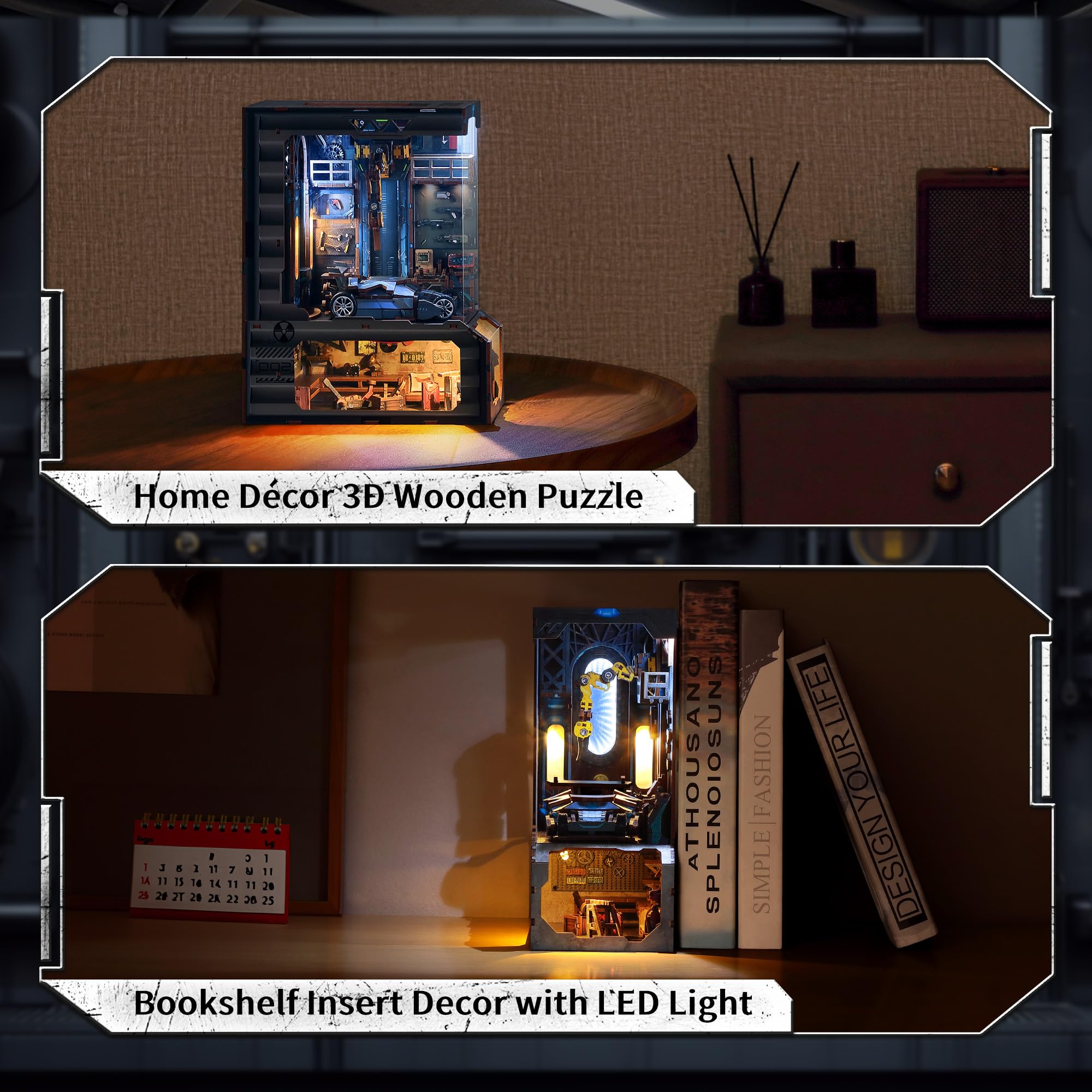 FUNPOLA Puzzle 3D en Bois Book Nook Kit, Maquette en Bois à Construire Atelier Automobile Miniature avec lumières LED, modèle de Garage mécanique pour Adultes (14+)