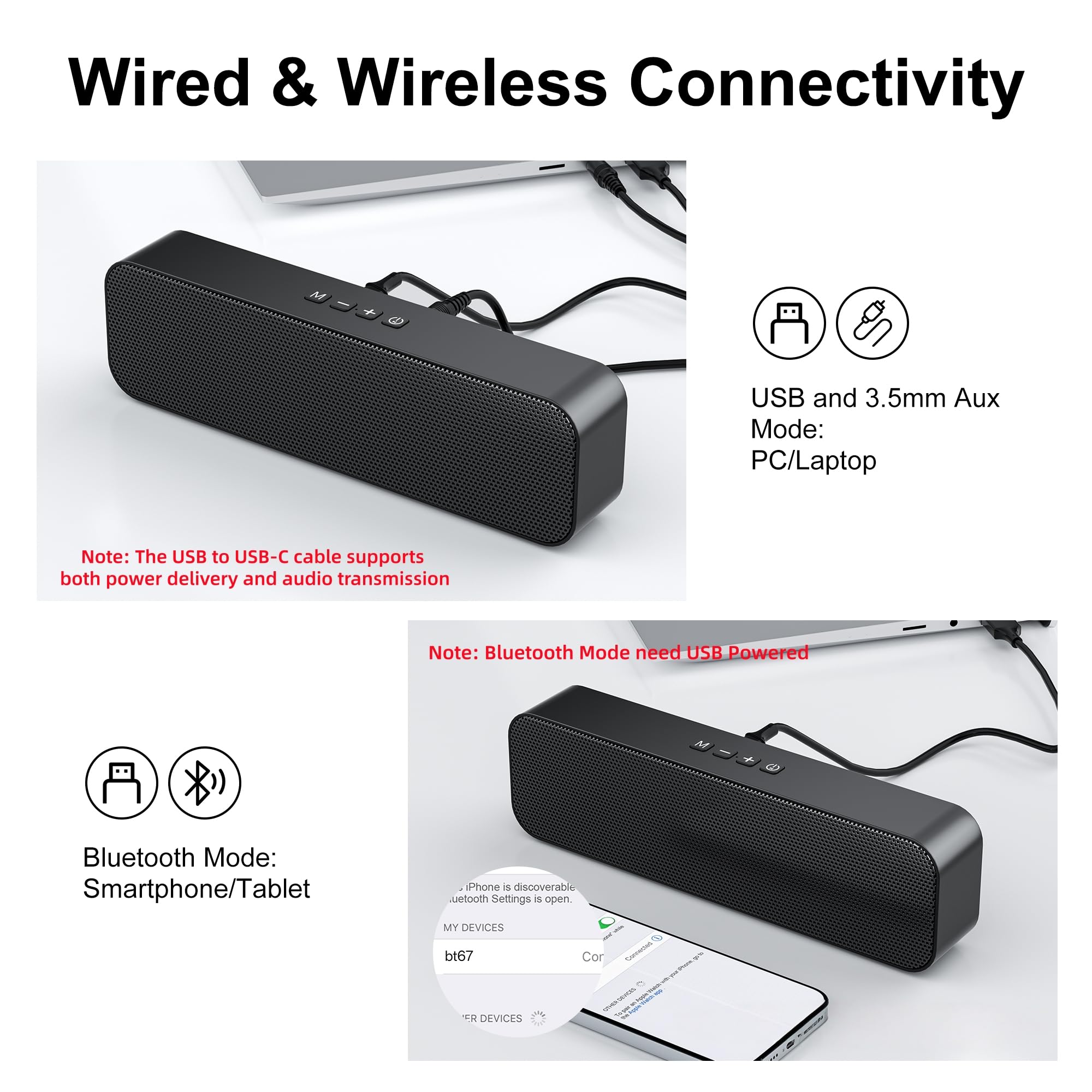 Altoparlanti per computer per PC desktop, altoparlanti cablati per PC con soundbar, altoparlante portatile alimentato USB per monitor, altoparlanti da gioco per desktop con suono stereo