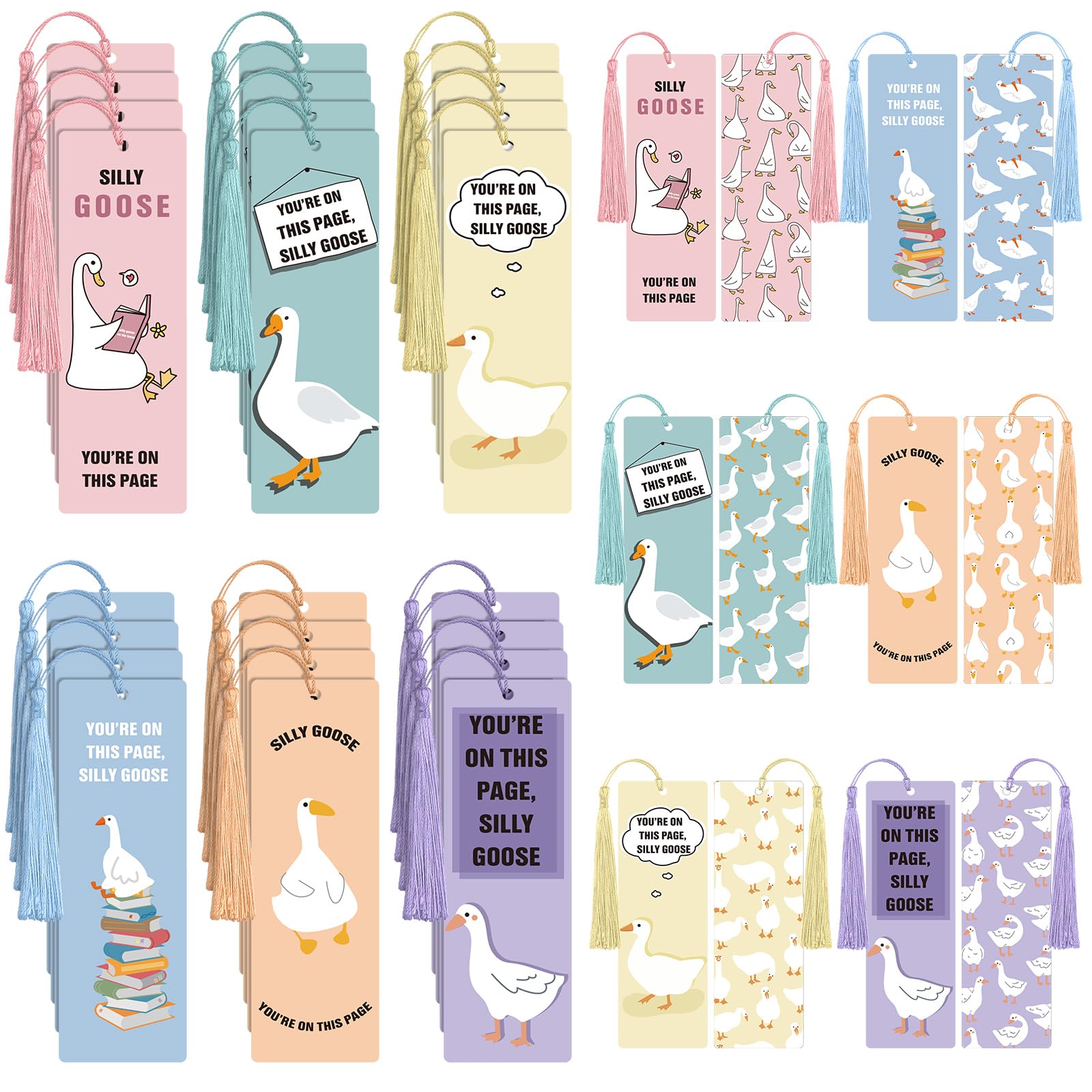 24 Stück Silly Goose Lesezeichen mit Quasten, lustige Gänse-Lesezeichen, Lesezubehör, Geschenke für Buchliebhaber, Schulbuch, Geschenke, 6 Stile