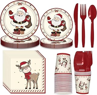 168 PCS Christmas Party Supplies Serve 24 Guests Merry Christmas Plates and Napkins Party Decorations Disposable Dinnerware Set Vintage Style Decor Santa Claus
