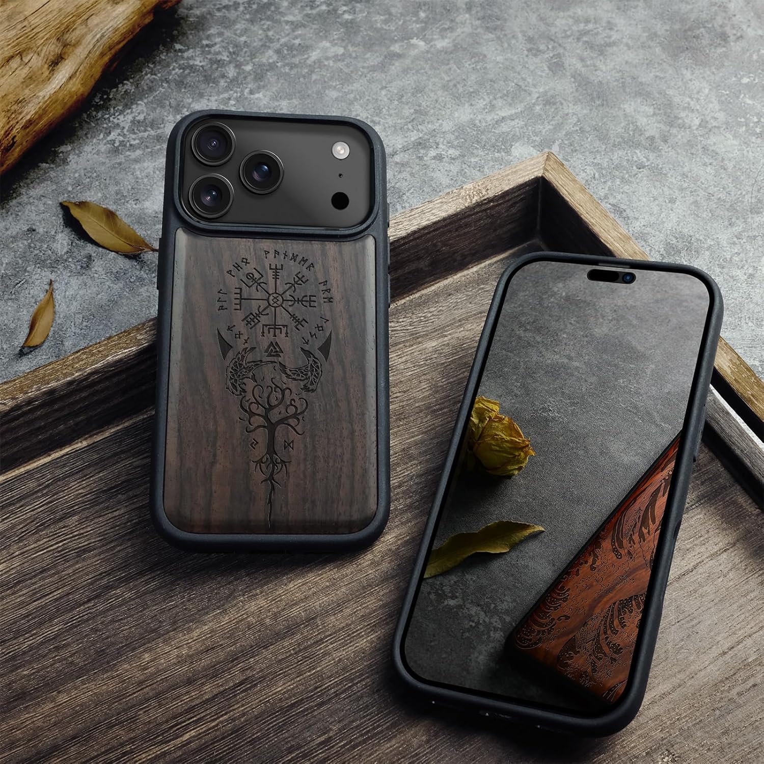 Carveit Magnetic Wooden Case for iPhone 17 Pro Max Case, Wood Artisan Engraved & Black Soft TPU Shockproof Cover, Compatible with MagSafe Wireless Chargers (The Guiding Vegvisir) Blackwood