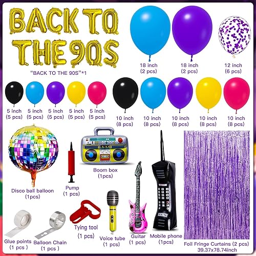 Miniatura 2 de 101 piezas de decoraciones de fiesta de los años 90, paquete de suministros para fiesta de cumpleaños de los 90, incluye bola de discoteca inflable,