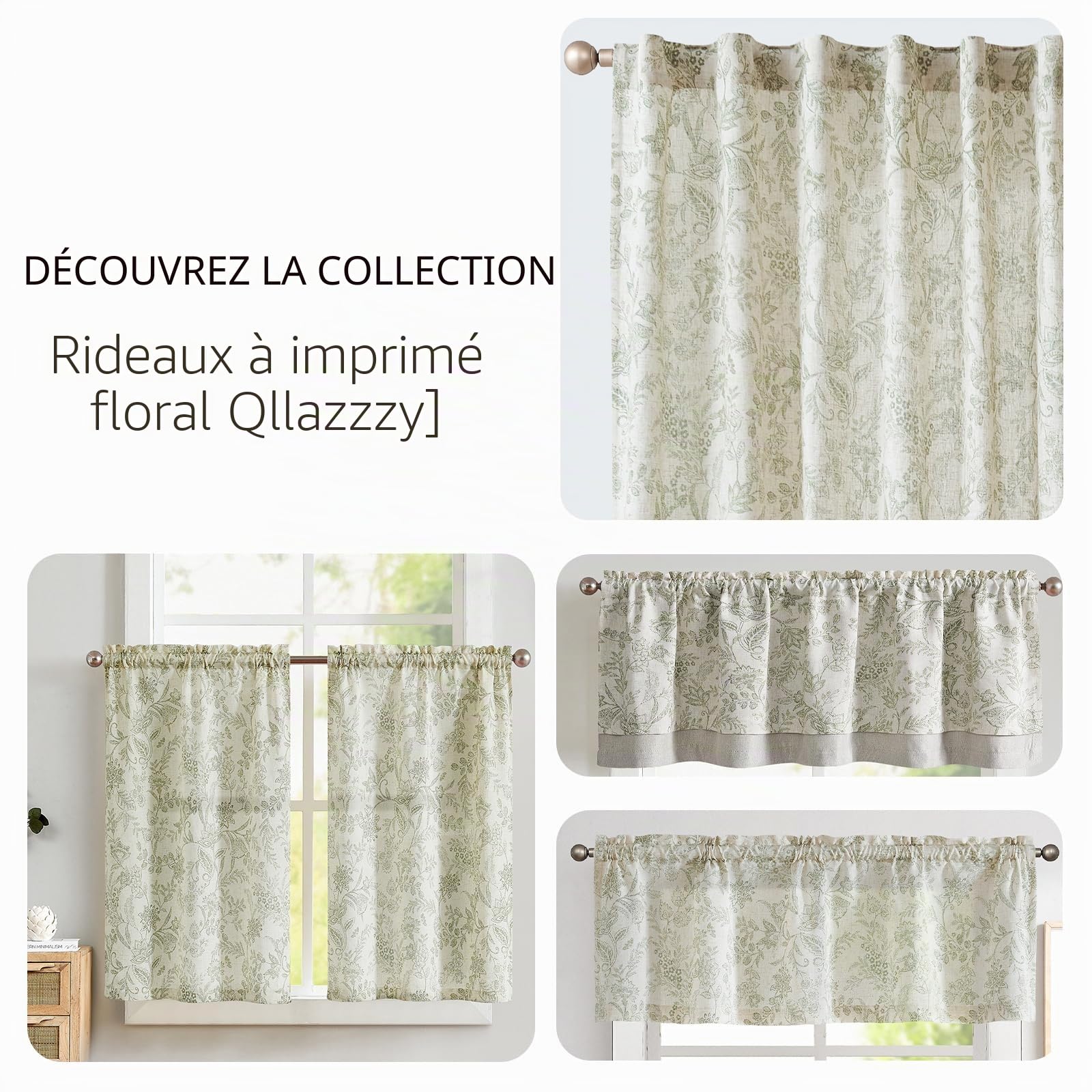 Lazzzy Lot de 2 Panneaux de Rideaux en Lin Semi-Transparents à imprimé Floral Vert Rustique de 213,4 cm de Long avec Pattes arrière pour Salon, Chambre à Coucher – Rideaux rétro campagnards avec