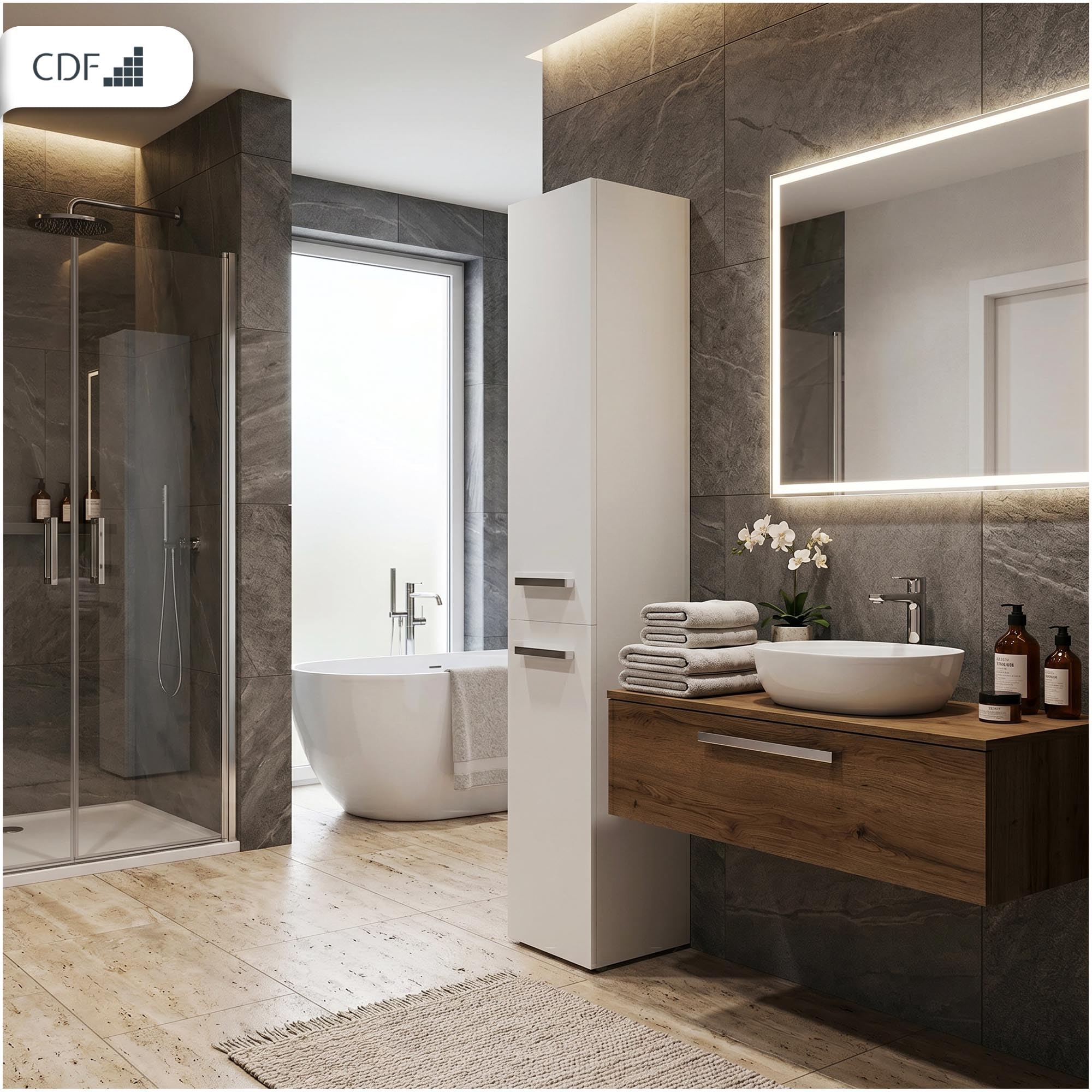 CDF Armoire de Salle de Bain Haute et étroite avec Panier à Linge, larg.: 31 cm Meuble de Rangement Adapté aux Petits Espaces, WC Couloir Blanc, 30x31x174 cm Résistant à l’Humidité