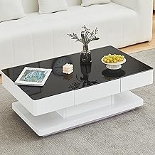 CLIPOP Couchtisch Wohnzimmertisch Hochglanz mit 2 Schubladen,Tischplatte aus Gehärtetes Glas,Wohnzimmer Möbel Kaffeetisch mit Großer Stauraum für Büro Empfang Wartebereich (schwarz)