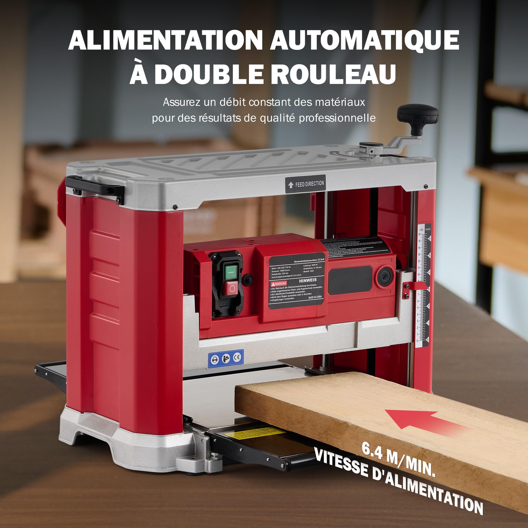 ZELCAN 2000W Raboteuse à Bois 15A, Dégauchisseuse d'Établi Raboteuse Stationnaire Automatique Électrique 33 cm, 2 Lames 20000 coupes/min, pour le Travail du Bois