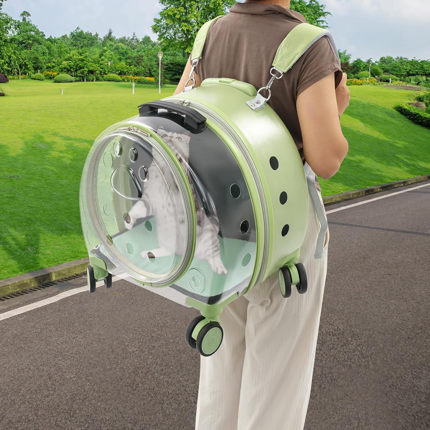 4-Wheel Rolling Cat Carrier, Hard Shell Pet Carrier with Ventilation Holes, Adjustable Handle Cat Travel Carrier, Lightweight Pet Stroller for Airplane, Car, Fits Pets up to 19.8lbs (Green)