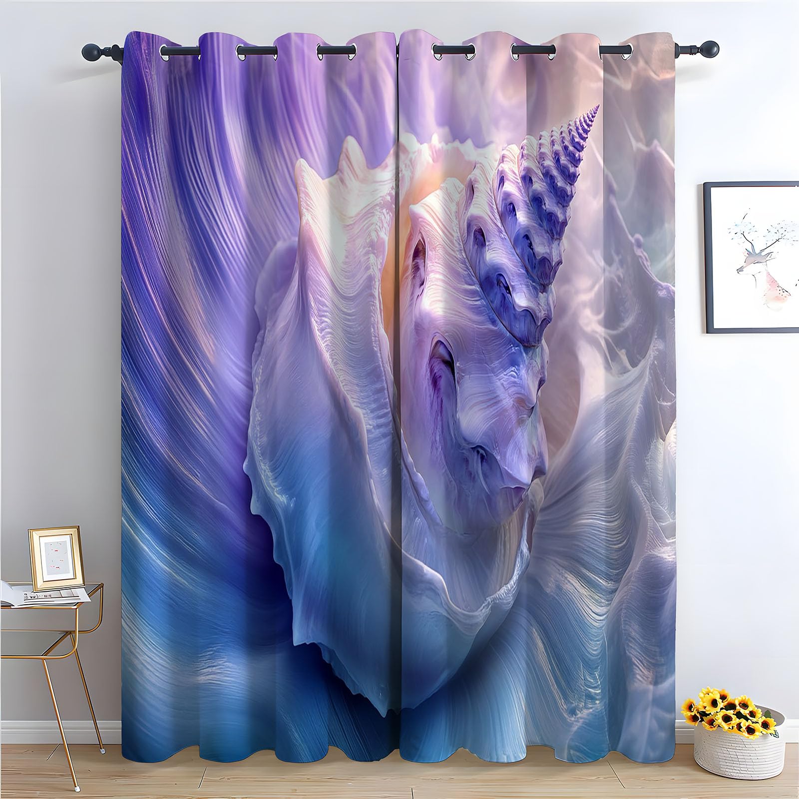 WIKEO Floral Curtains for Living Room Bedroom Beach Shells pattern Textured Farmhouse Curtain Leaf Printed Eyelet Rustic Drapes Window Treatment-52 W x 96" L (Pack of 2)