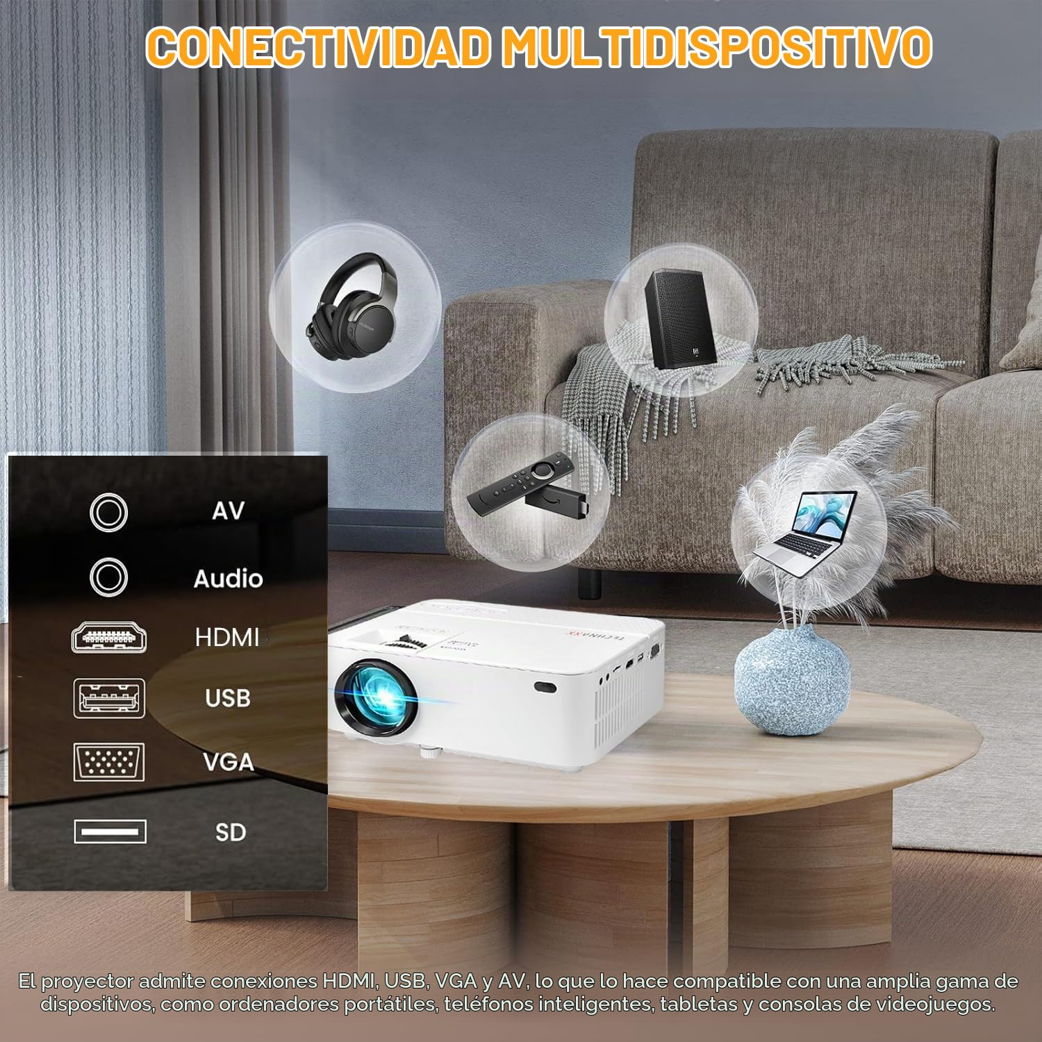 Technaxx Mini Multimedia Proyector LED 1800 Lúmenes, 32–176 Pulgadas, HDMI USB VGA AV MicroSD, Mini Proyector Portátil para Cine en Casa, Smartphone, PC & Consola, LED 40.000 Horas – TX-113
