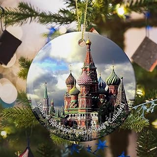 Russia Moscow Spasskaya Tower St Basil's Cathedral Christmas Ornaments Ceramic Pendant Double Sided Ornament Decor for Storehouse Tree Dorm, Wedding Birthday Xmas Gifts Travel Souvenirs for Colleague