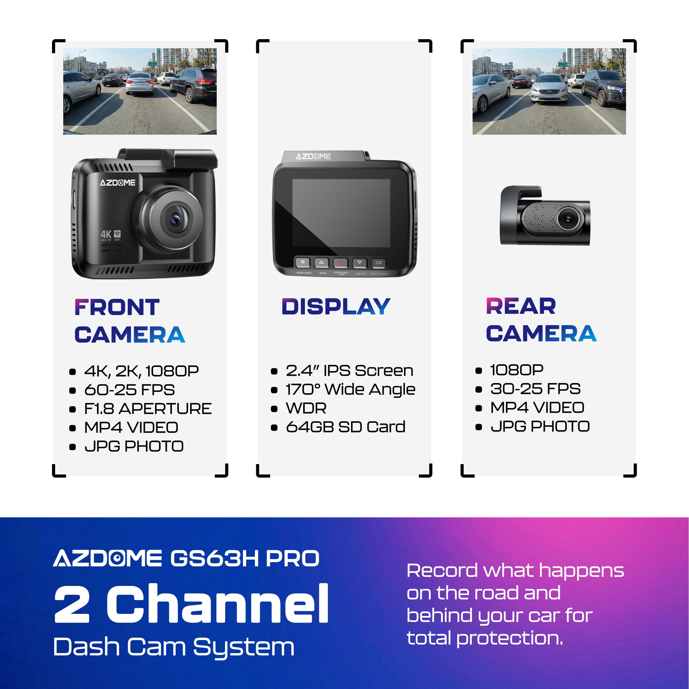 AZDOME GS63H Pro 4K Dashcam Voiture Avant Arrière, Caméra Embarquée WiFi 6 GPS avec Carte SD 64Go, 4K+1080P, Vision Nocturne WDR, Mode Parking 24H, G-Capteur, Enregistrement Boucle（Noir Mat）