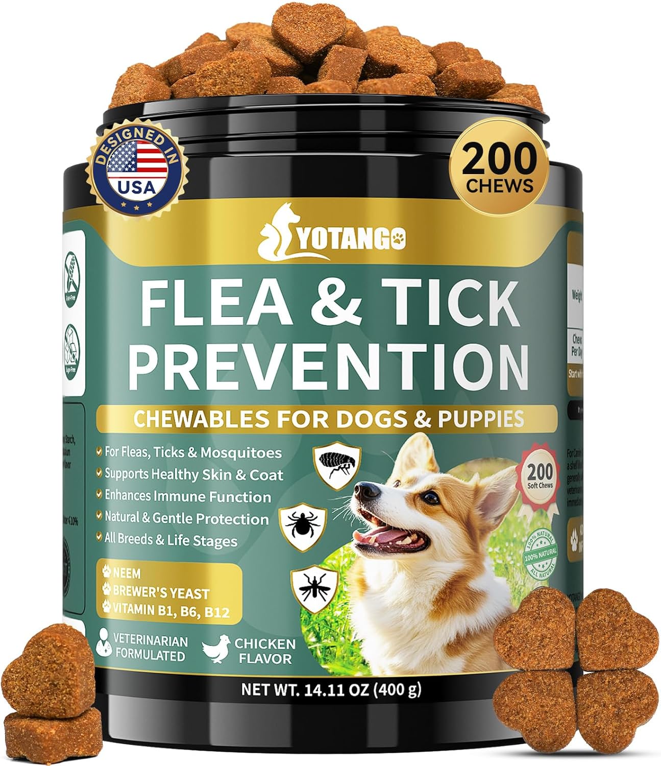 YOTANGO Flea and Tick Prevention for Dogs Chewable, 200 Soft Treats Natural Dog Flea and Tick Treatment Chewable, Oral Flea Supplement Chews, Skin & Coat Support for Dogs Puppies – All Breeds & Ages