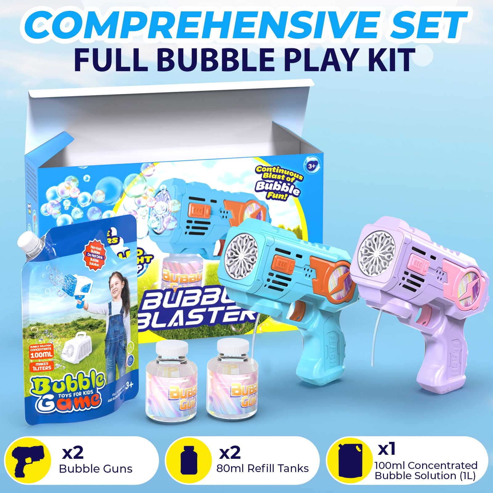 Blubbel 2x Sparabolle di Sapone LED, Pistola Giochi, Macchina Automatica, Bubble Gun, Cannone d’Aria, Giocattolo Matrimonio, Regalo Estivo Bambini, 1L Liquido Incluso