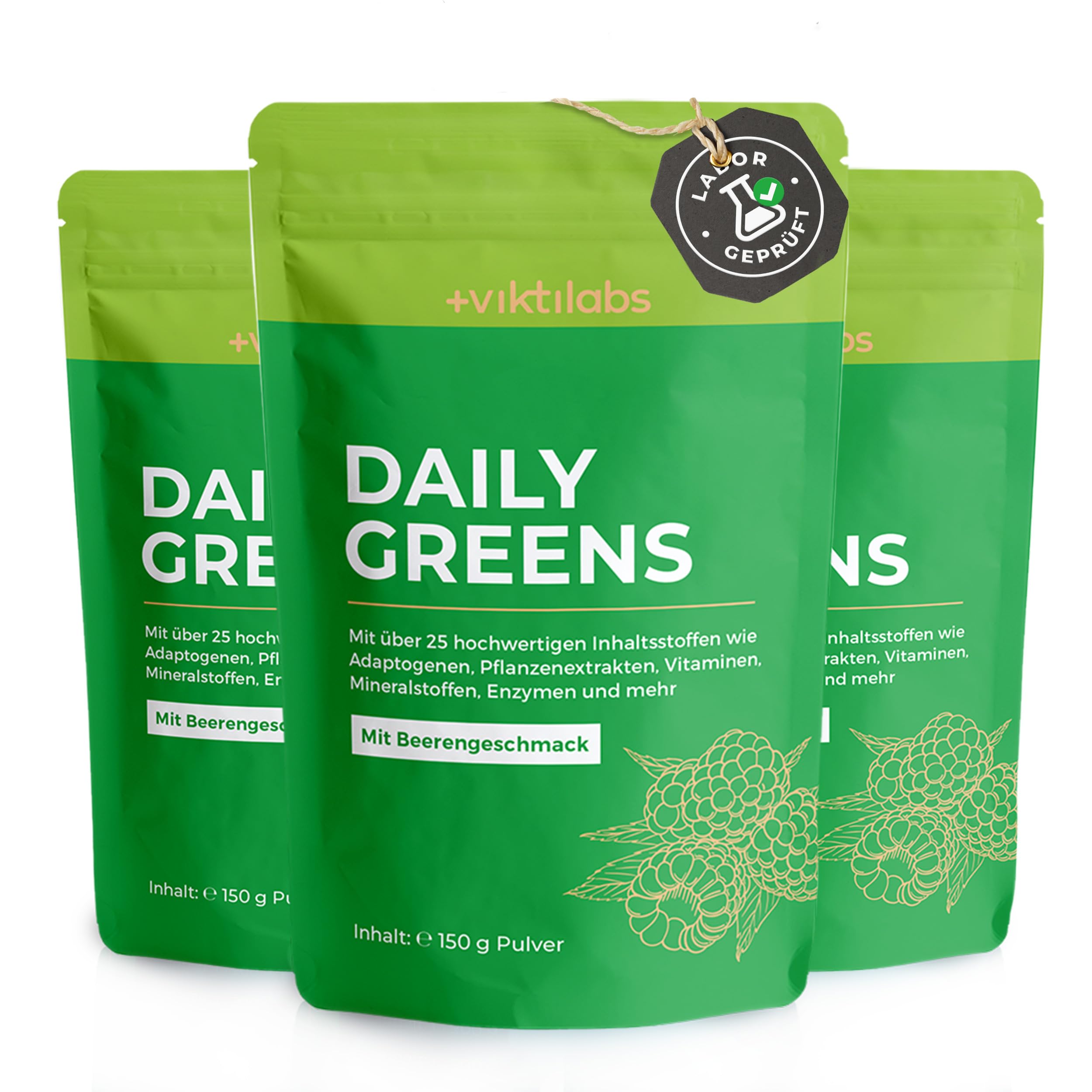 Daily Greens Beere - 25+ Wirkstoffe mit Vitamin C, Zink & B12 | 150 g Pulver für 30 Portionen - Greens, Beeren-Blend, Ballaststoffe, Adaptogene, Probiotika & Enzyme