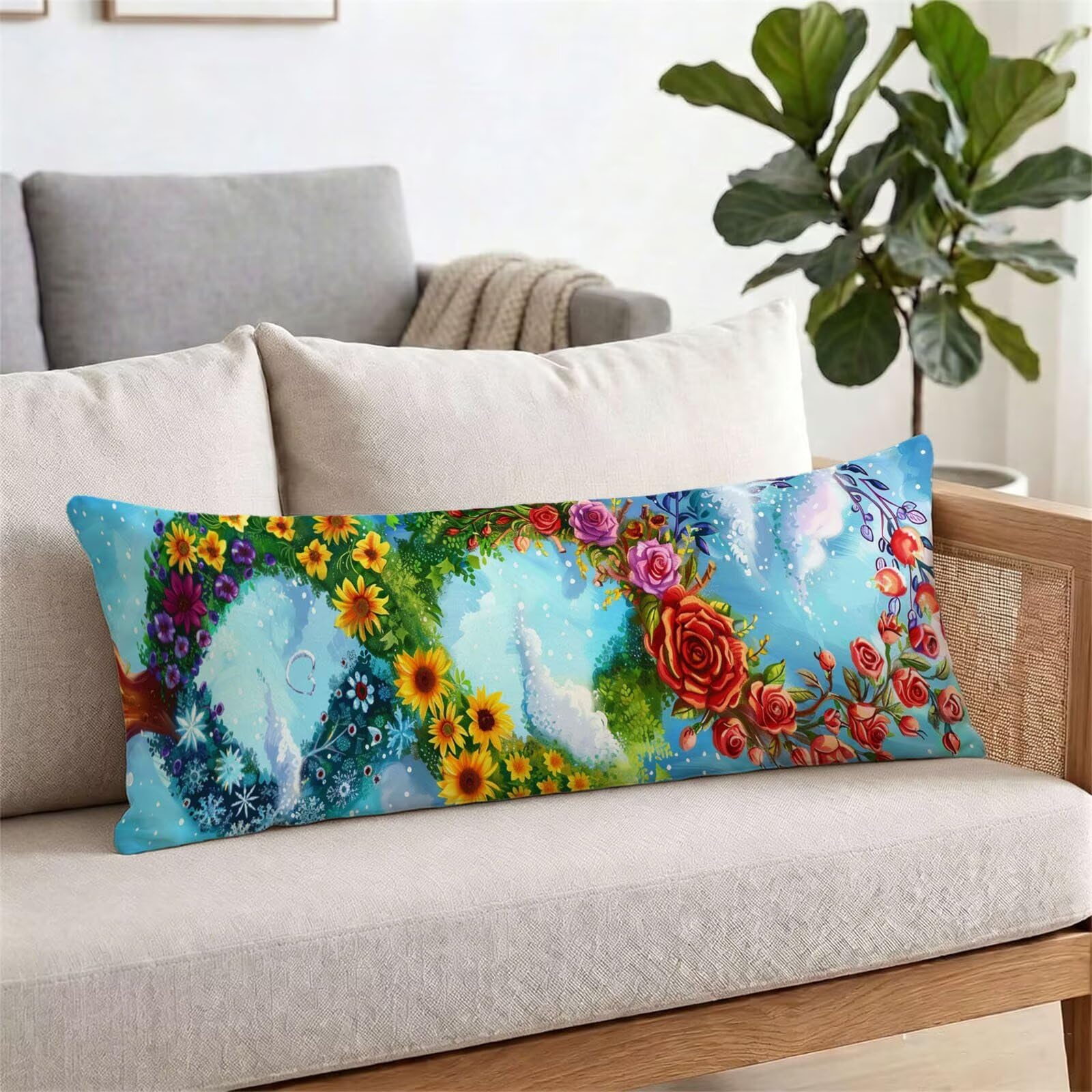 Funda de Almohada 60 x 180 cm Azul Protector Almohada 180 cm con Cremallera Invisible, Lino Durable y Transpirable Pillow Case Largas Árbol Impresión a Doble Cara para Cama, Sofá y Dormitorio dg-460