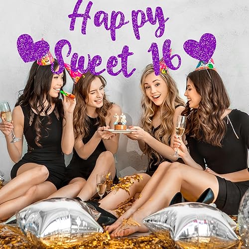 Miniatura 5 de Pancarta preencordada con la frase "Happy Sweet 16", decoraciones de feliz cumpleaños, con purpurina morada de dieciséis cumpleaños, para fiesta de