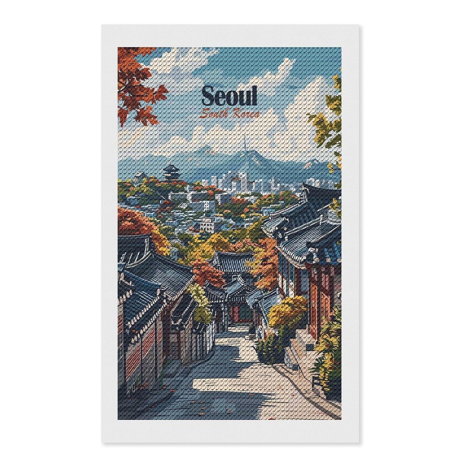 Junmoney Seoul Cityscape Crystal Diamond Art Kit 12"x20", Round Gems, Detailed Printed Canvas, Creative Gift Idea, Vintage Style Decor