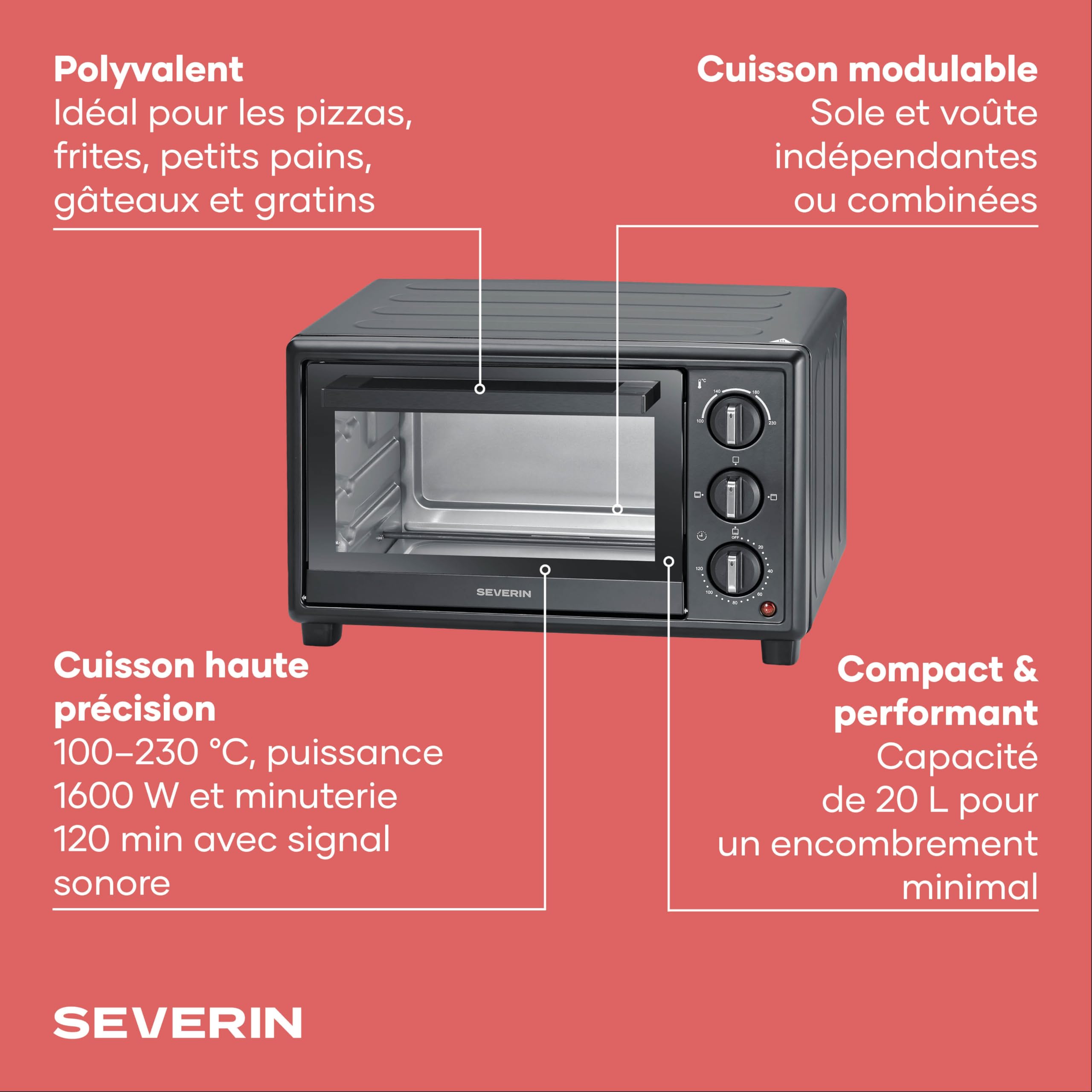 SEVERIN Four posable 20 L, avec grille et plaque de cuisson incluses,1 600 W, thermostat jusqu'à 230 °C, design simple et élégant, Mini-four électrique avec minuteur 120 min, Noir, TO 2078