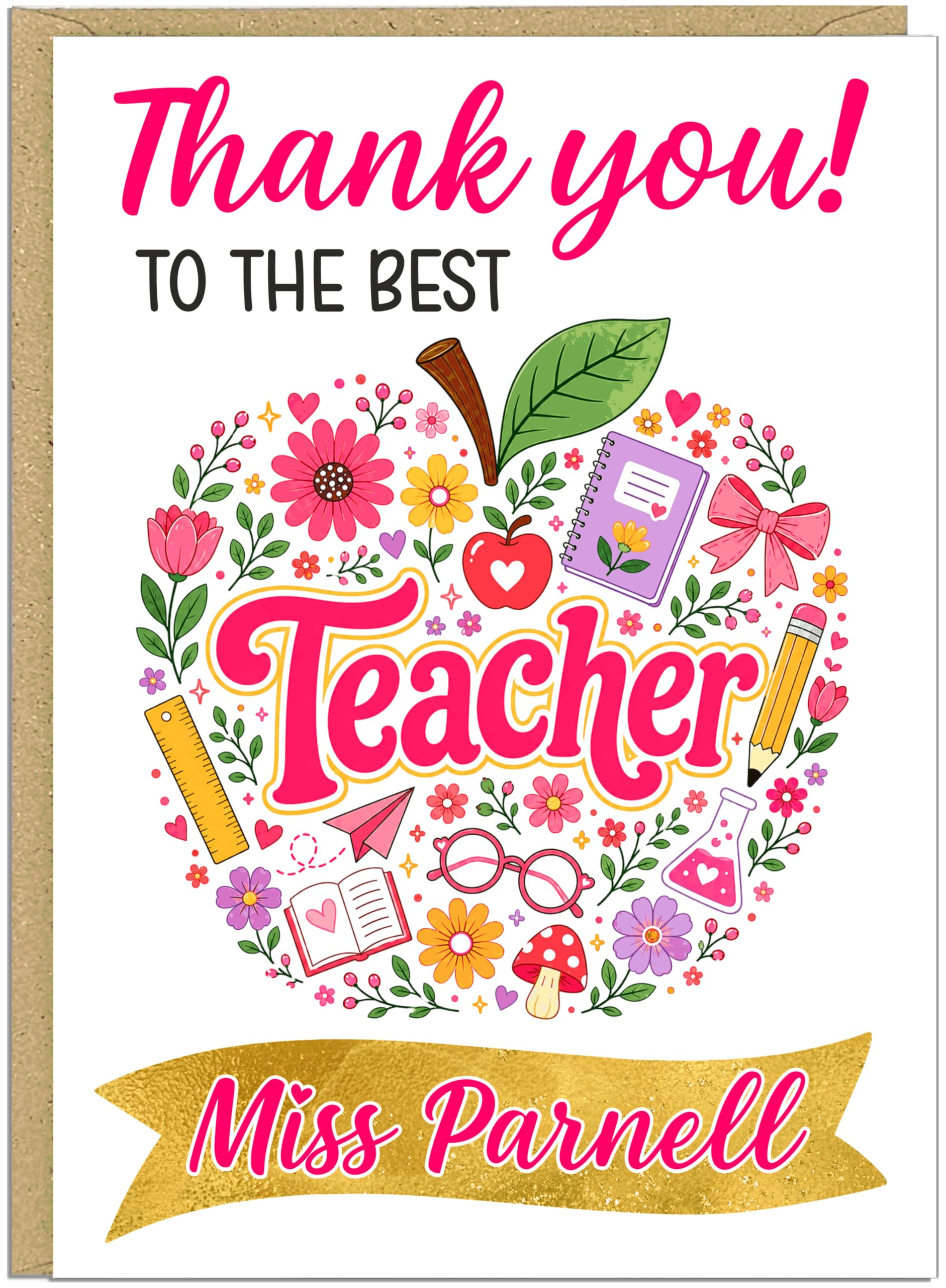 Colourful Personalised Thank You Best Teacher Cards - The Best Teacher Ever Apple Pencil Rainbow Designs Custom Add Name On Banner A5 A4 For Teachers Teaching Assistant Headteacher, Design 4