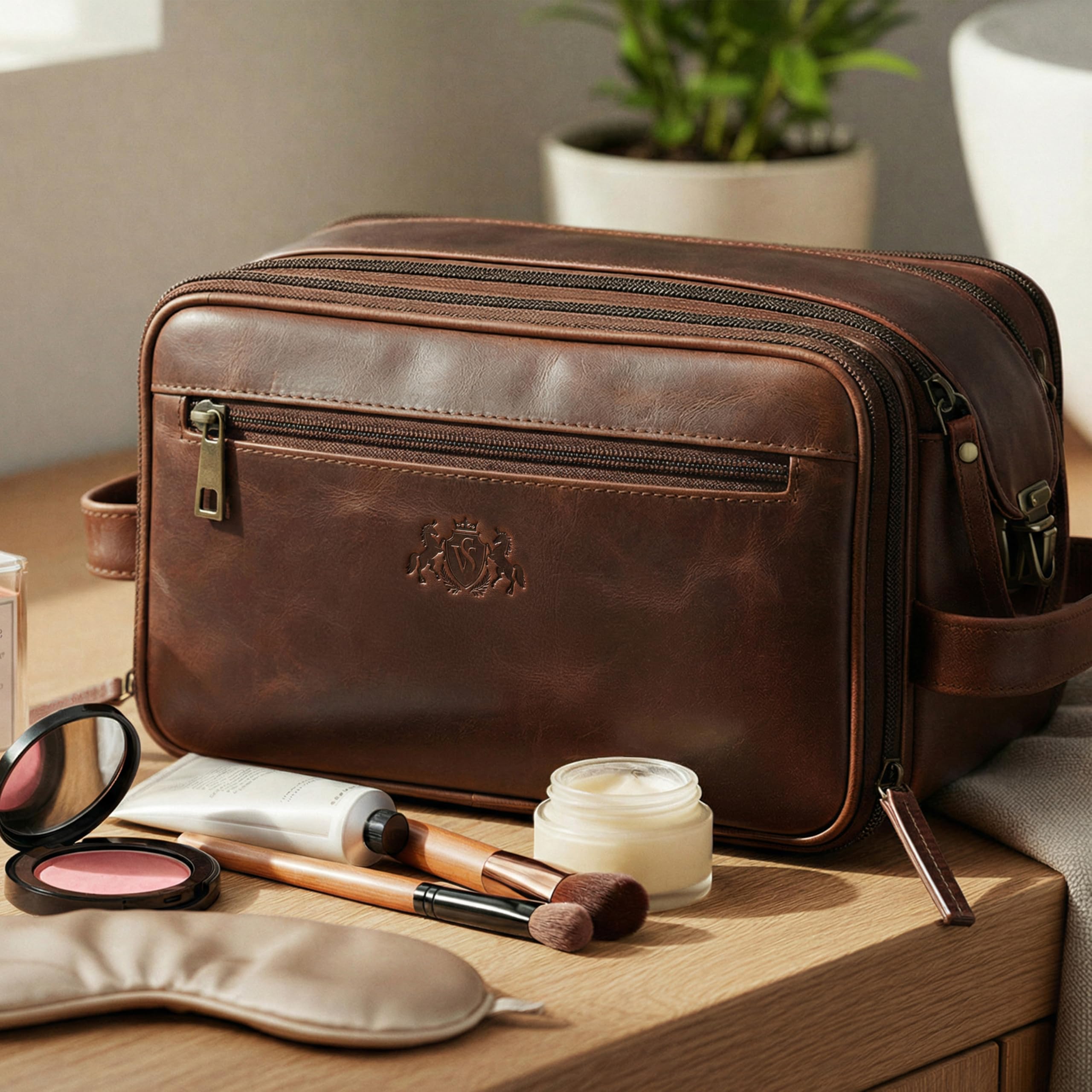 SID & VAIN Trousse de Toilette Cuir véritable Louis nécessaire de Voyage pour Hommes et Femmes Trousse de Maquillage Marron