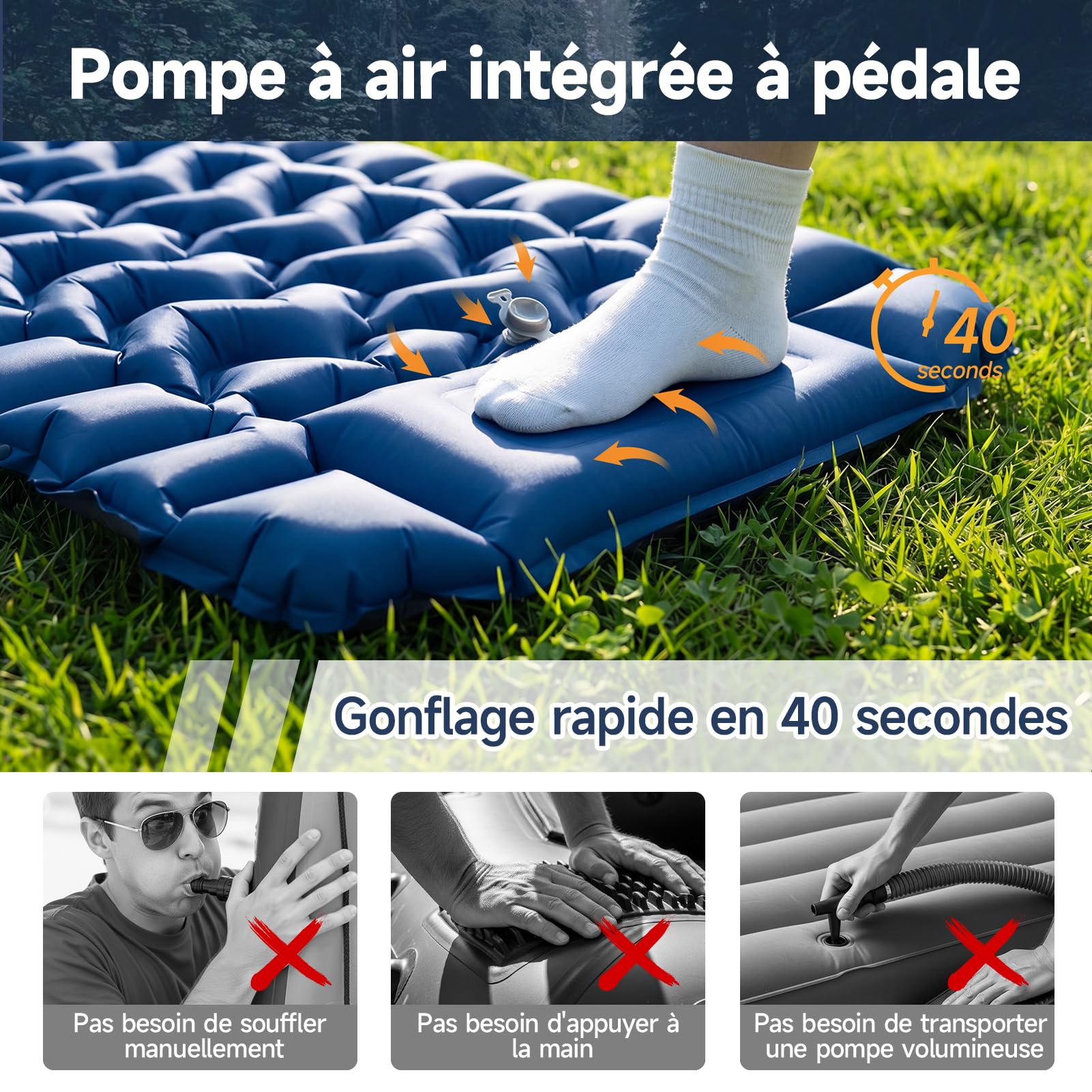 Tapis de Sol Camping 1 Place XL - Matelas Camping Ultra Léger 196x74x9 cm, TPU 40D résistant à l’Eau, Pompe à Pied, Oreiller et Housse intégrés - Idéal randonnée, Tente, Plage, Voyage (Bleu)