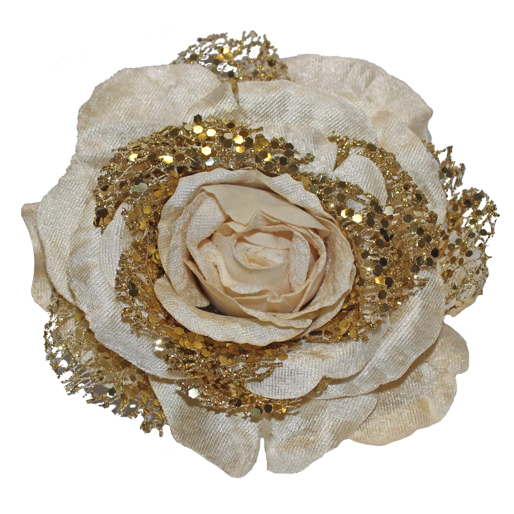 Christmas Tree Decoration Clip on Rose Flower 14cm Fabric with Glitter Wedding Decoration (Gold 0384)