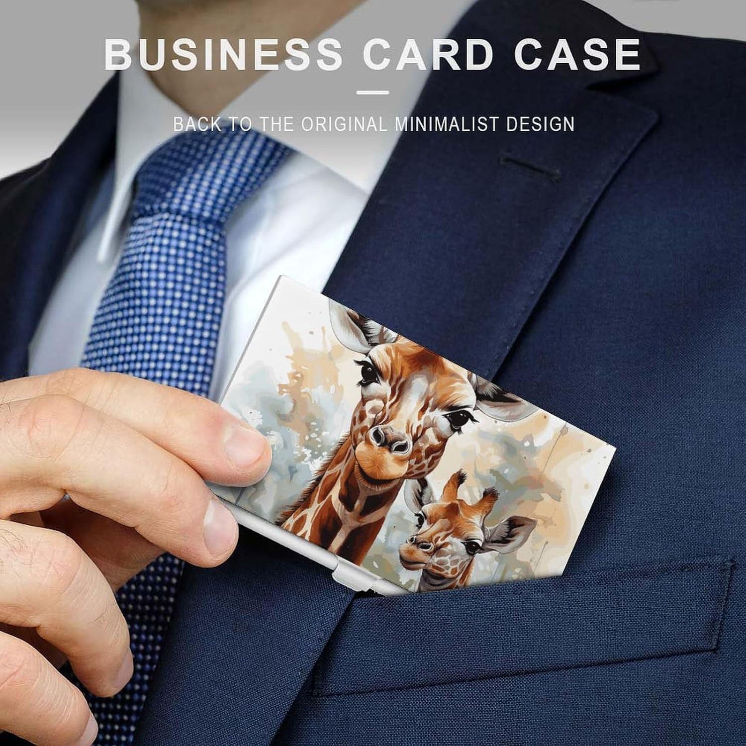 Watercolor Deer Giraffe Business Card Holder for Men Women