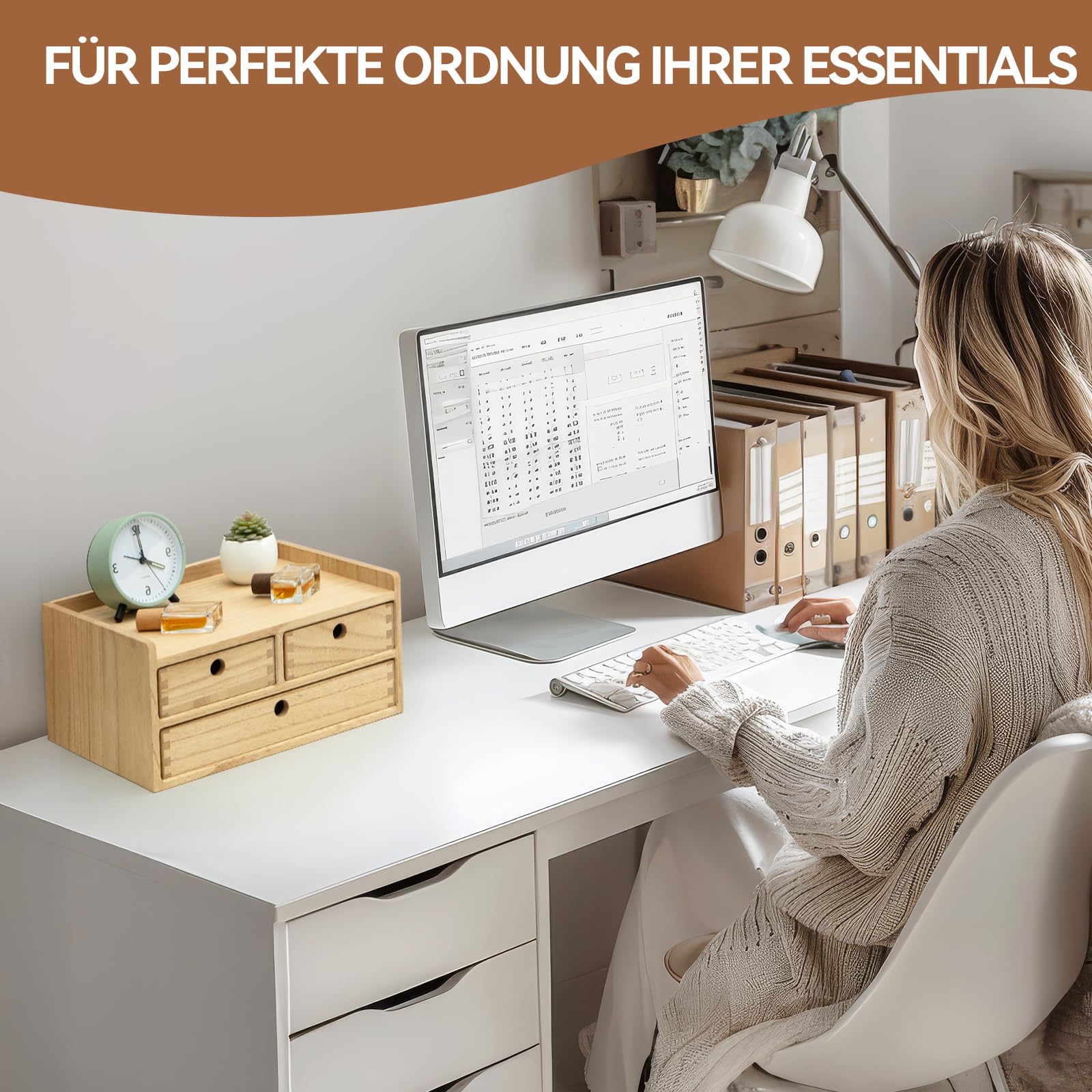KIRIGEN Schubladenbox Holz, Schreibtisch-Organizer, A4-Fach, Natur | 35 x 27 x 16,7 cm, 3 Schubladen, Ablagefach, Massivholz, handgefertigt, fertig montiert, Zapfenverbindungen, Pflanzenöl
