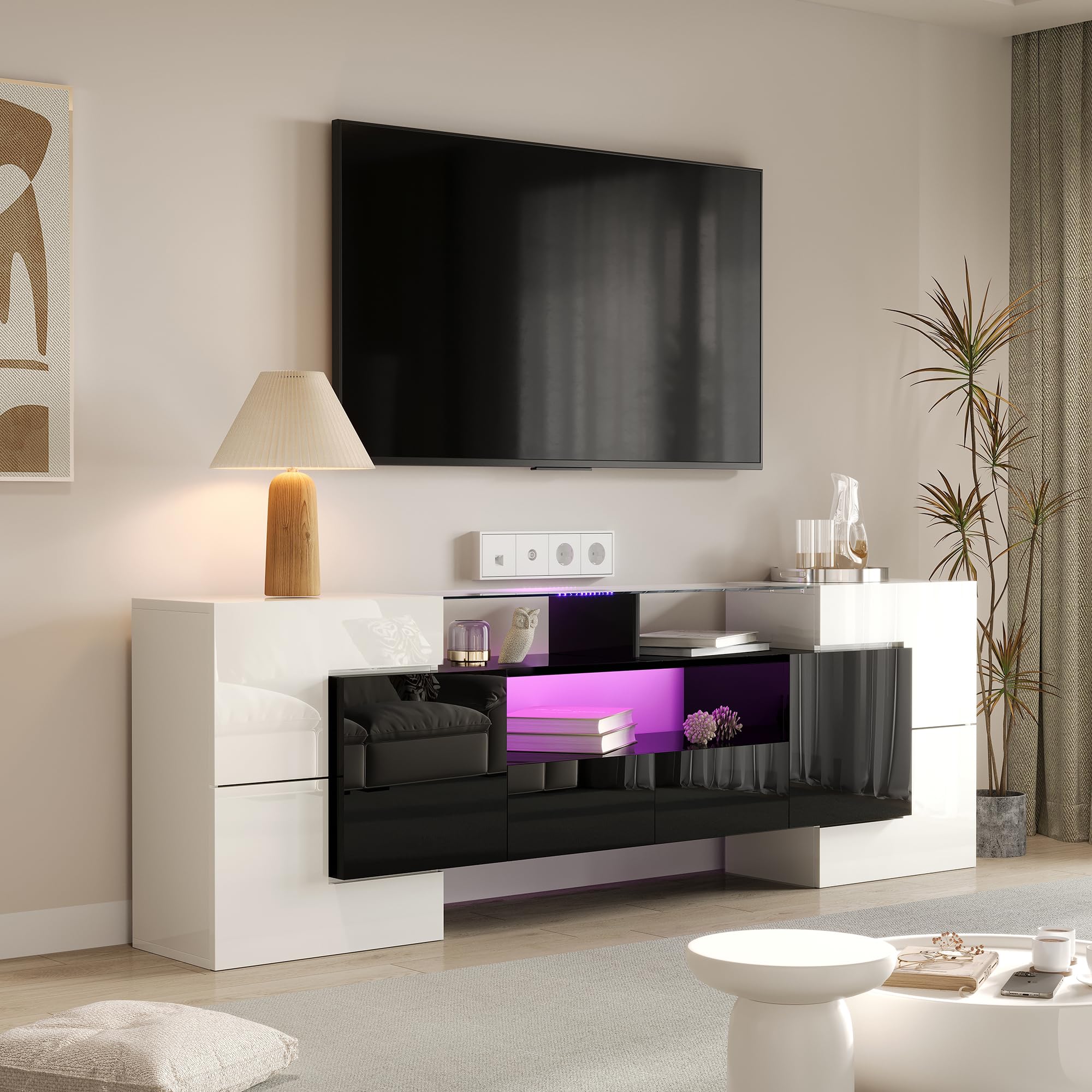 Modernes TV Möbel 200 cm – Hochglanz TV Lowboard mit L-E-D Beleuchtung, Glasfront, großem Stauraum für Wohnzimmer Schwarz&White (Black)