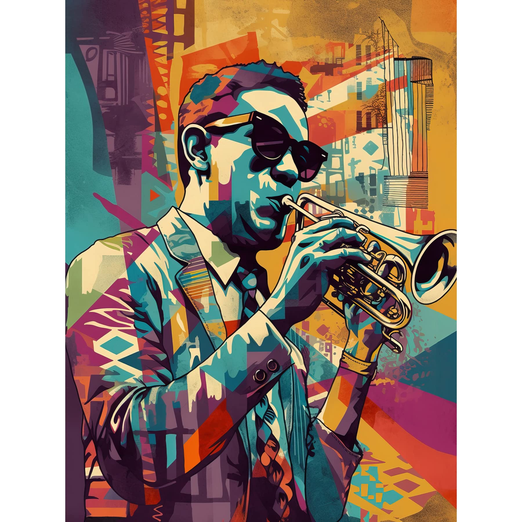 Artery8 Trumpet Player Jazz Musician with Sunglasses Modern Colour Linocut Print Large Wall Art Poster Print Thick Paper 18X24 Inch
