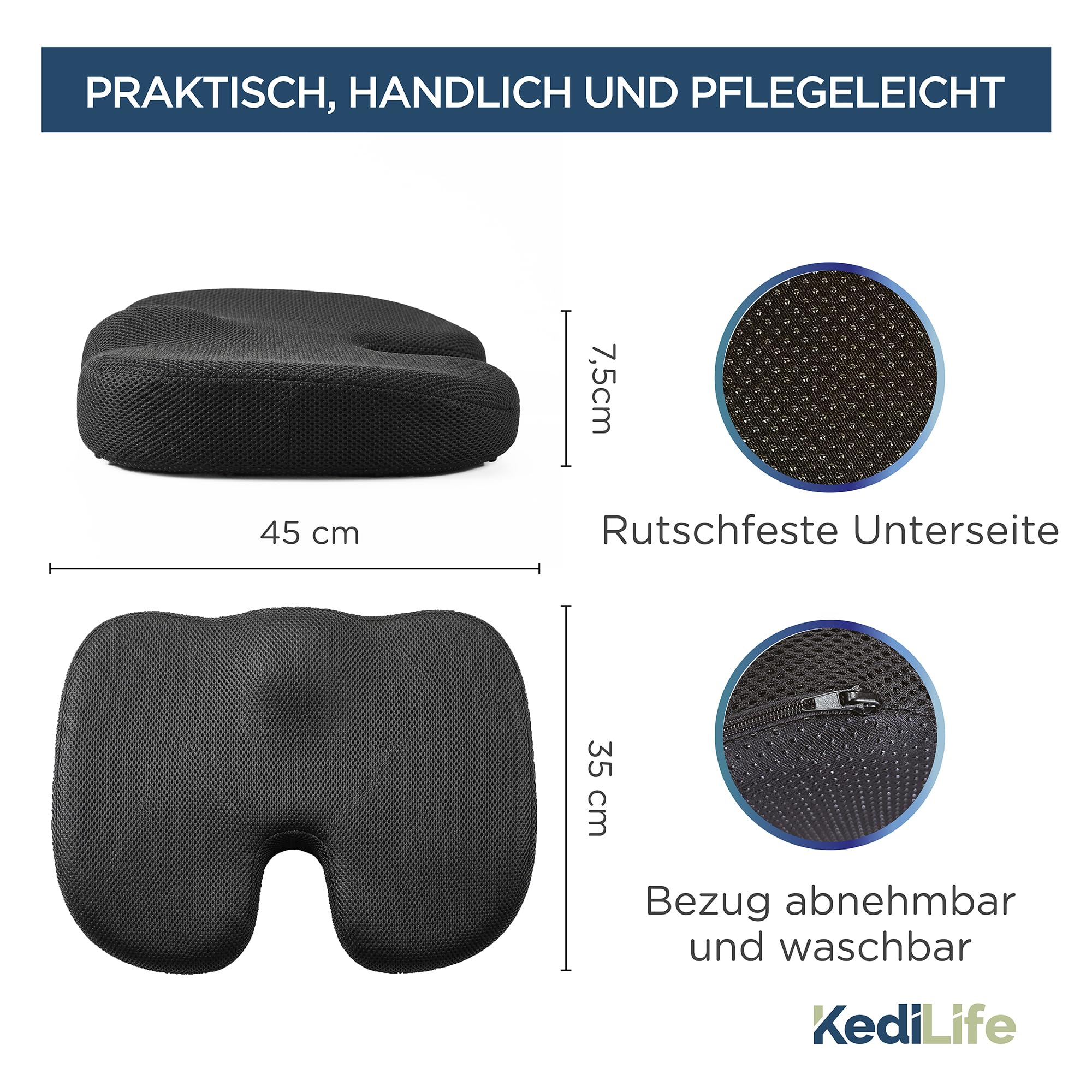 Ergonomisches Sitzkissen - Sitzkissen Bürostuhl und Autositz aus Memory Schaum - Atmungsaktiv, Abnehmbarer und Waschbarer Bezug - Ideal für Homeoffice, Auto, Gaming, Rollstuhl