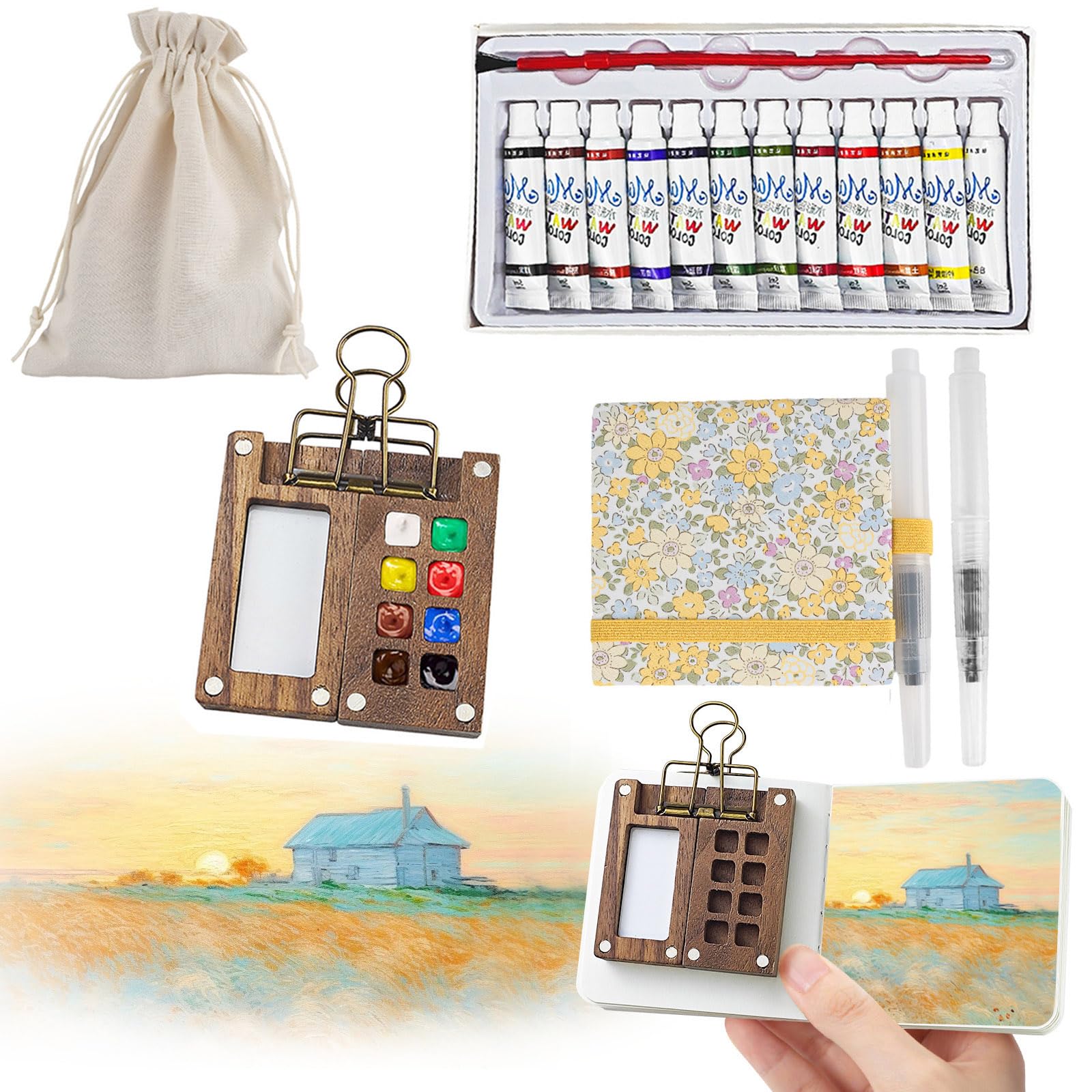 7 PCS Pocket Artist Watercolour Travel Set - 8 Grids Travel Watercolour Paint Set Portable, Mini Watercolour Paint Set Travel, Painting Set with Foldable Wooden Palette, Sketchbook, Brush (Yellow)