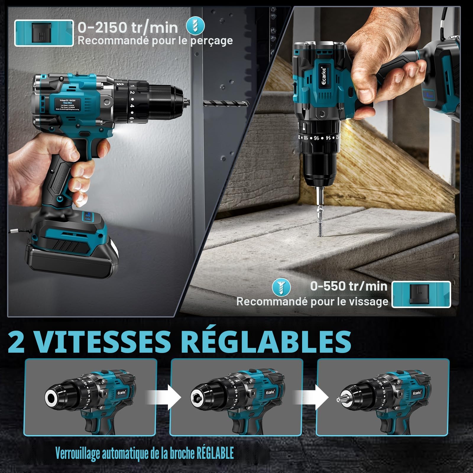 Ecarke 90Nm Visseuse Devisseuse Compatible avec Makita 18V Batterie | 2150 tr/min, Sans Fil, 2 Niveaux de Réglage, Lumières LED, Perceuse Visseuse pour Percer et Visser(Sans Batterie）