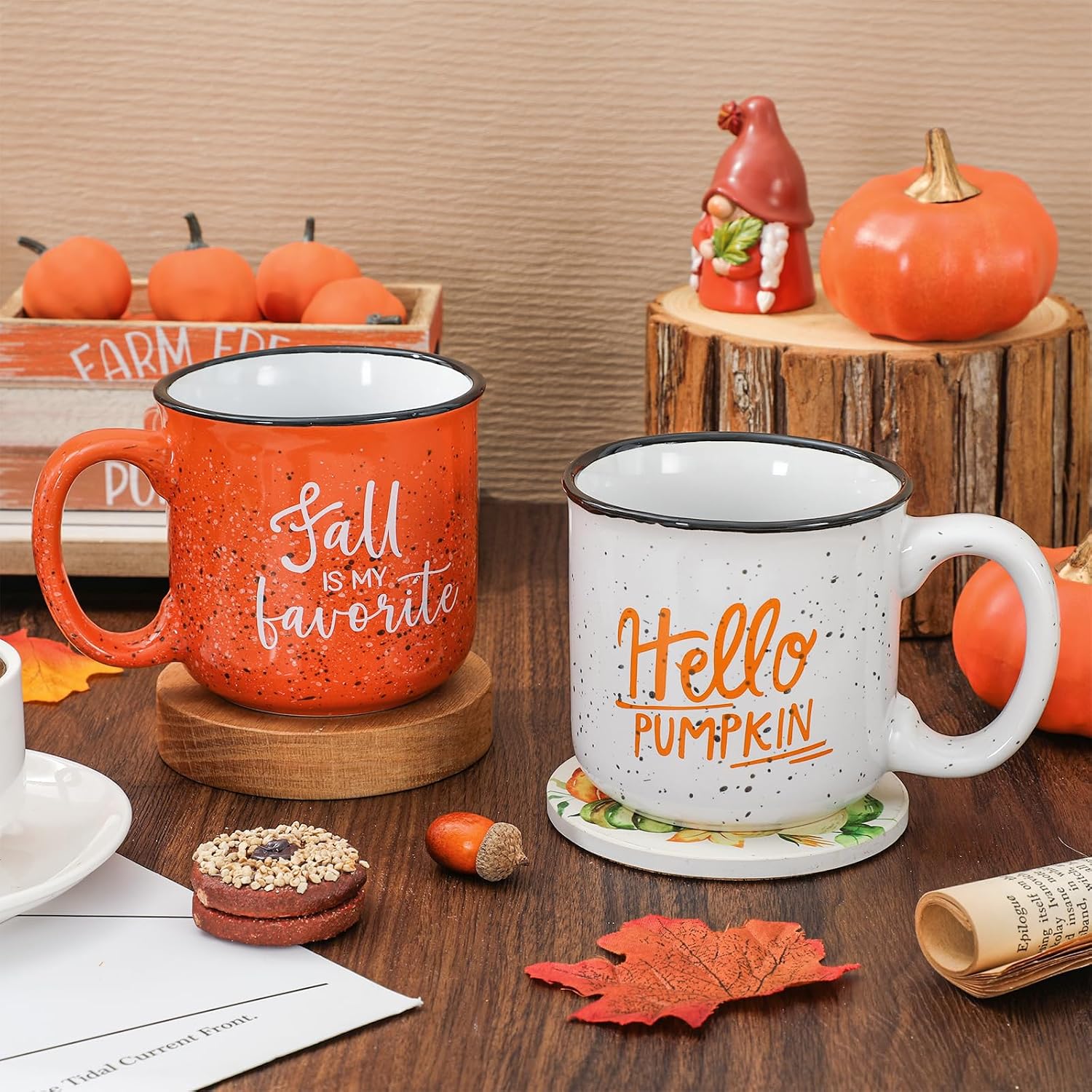 FYSUIMU 2Pcs Fall Coffee Mugs Enamel Cups with Handle Orange White Hello Pumpkin Drinking Mug for Autumn Thanksgiving Table Centerpieces Decorations