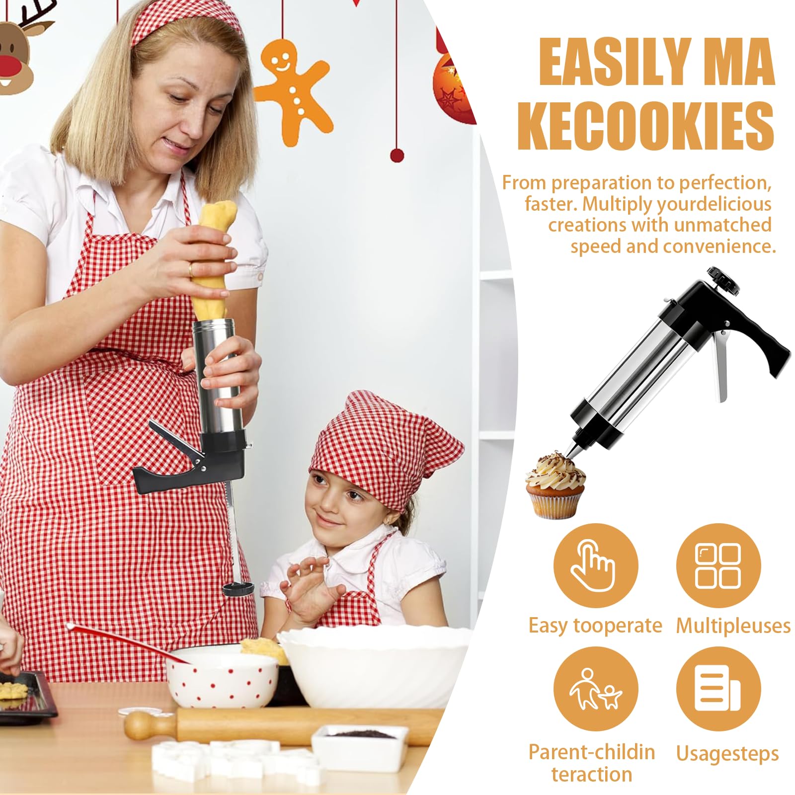 Pressa per Biscotti in Acciaio Inox, Biscotti Professionale Pistola Sparabiscotti con 16 Stencil e 8 Beccucci, Spara Biscotti per Frolla per Realizzare e Decorare Biscotti Fai da Te