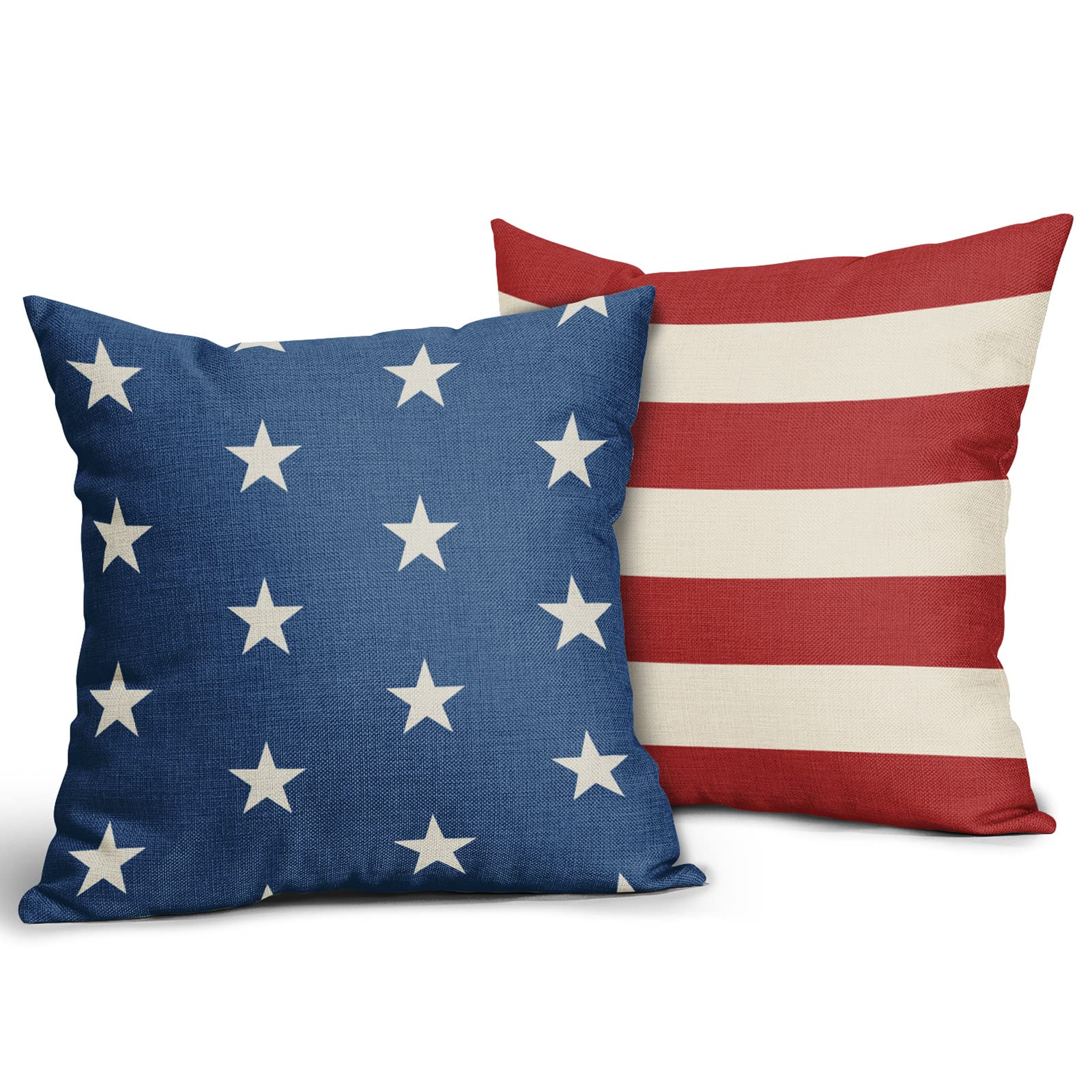 4th of July Pillow Covers 18x18 Blue Stars Red Stripes Memorial Day Independence Day American Patriotic Decorative PillowCase for Couch Sofa Home Throw Pillows Square Linen Cushion Case, Set of