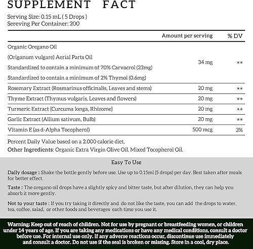 Miniatura 6 de Suplemento líquido de aceite orgánico de orégano con tomillo, cúrcuma, aceite de orégano, limpieza, desintoxicación, apoyo digestivo e inmunológico,