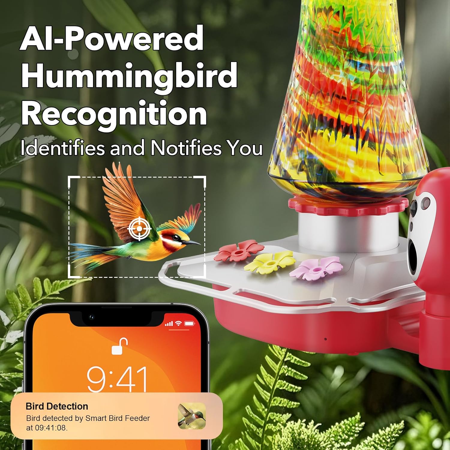 Hummingbird Feeder with Camera, 2K Smart Bird Feeder with AI Bird Detection & App Alerts, Solar Powered Bird Feeder Camera with Water Level Monitor, Hand-Blown Glass Hummingbird Feeder for Outdoors